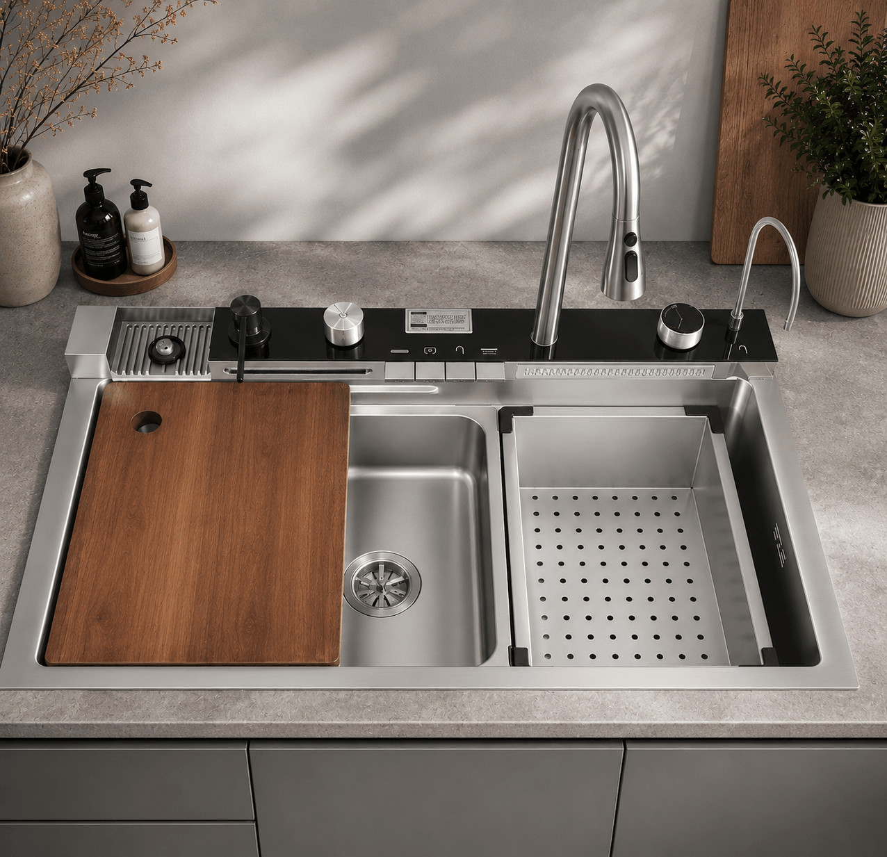 Faizee Home Wasserfall-Küchenspüle 75 × 46 cm – Nano Edelstahl mit 4-fach Armatur, Digitalanzeige & Zubehör – Silber, Schwarz oder Gold