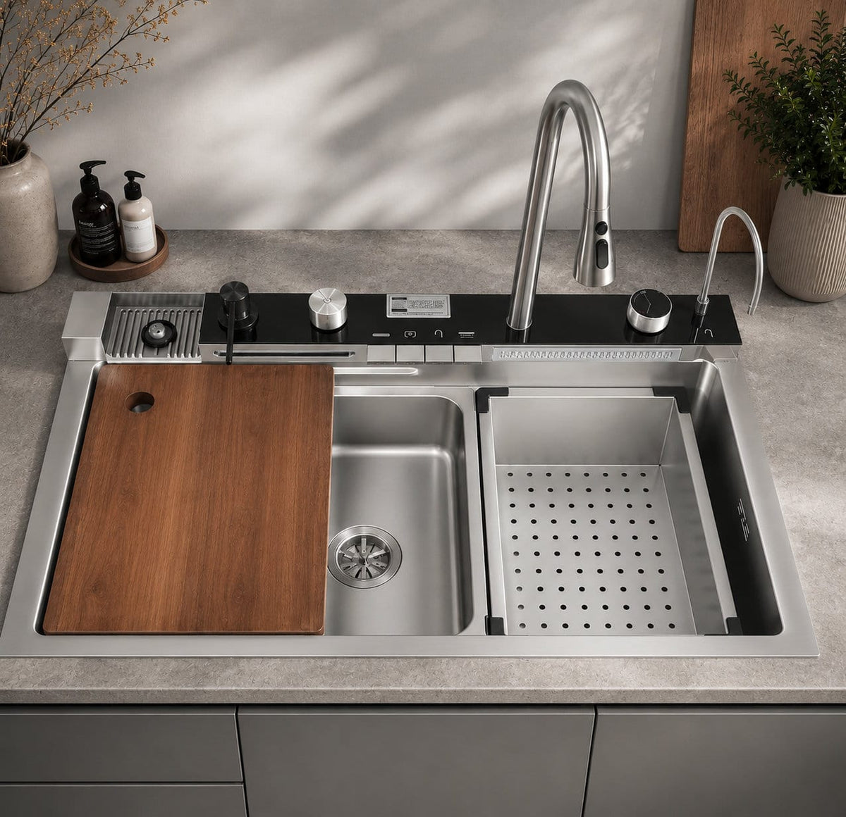 Faizee Home Wasserfall-Küchenspüle 75 × 46 cm – Nano Edelstahl mit 4-fach Armatur, Digitalanzeige & Zubehör – Silber, Schwarz oder Gold