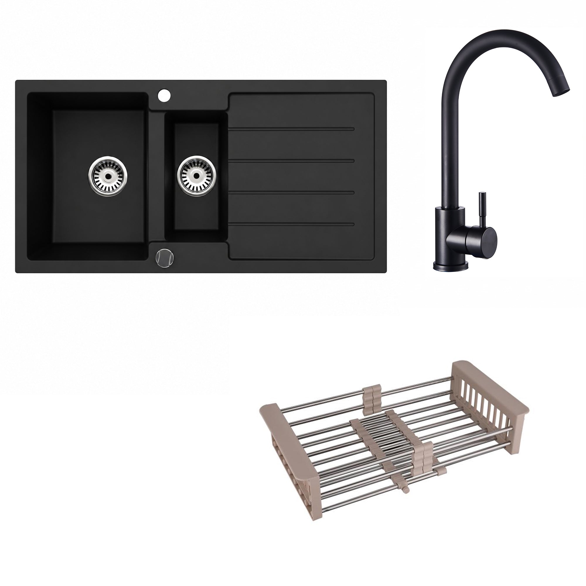 Faizee Home Granitspüle 100x50 cm Nachtschwarz inkl. Armatur Genial & Zubehör