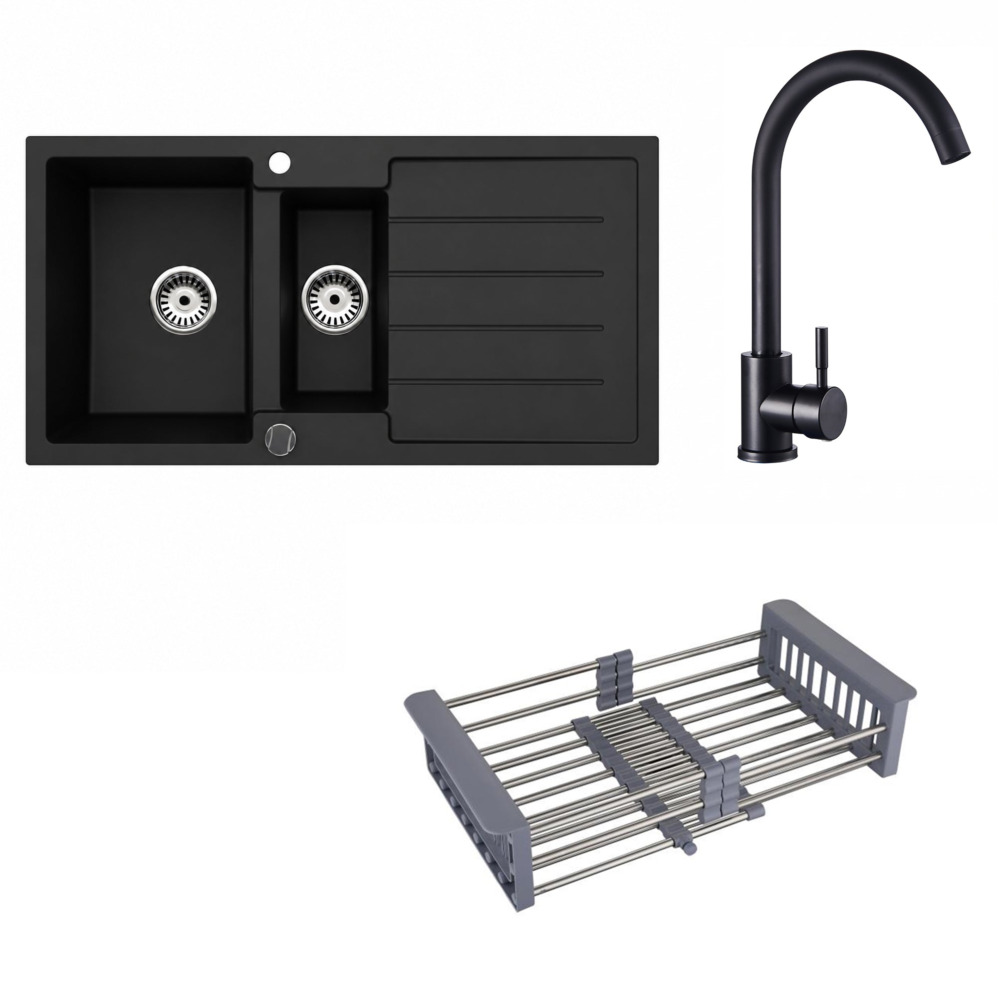 Faizee Home Granitspüle 100x50 cm Nachtschwarz inkl. Armatur Genial & Zubehör