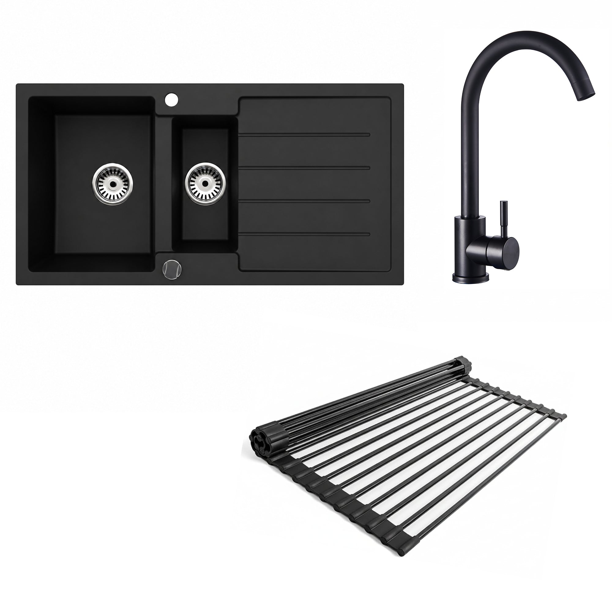 Faizee Home Granitspüle 100x50 cm Nachtschwarz inkl. Armatur Genial & Zubehör