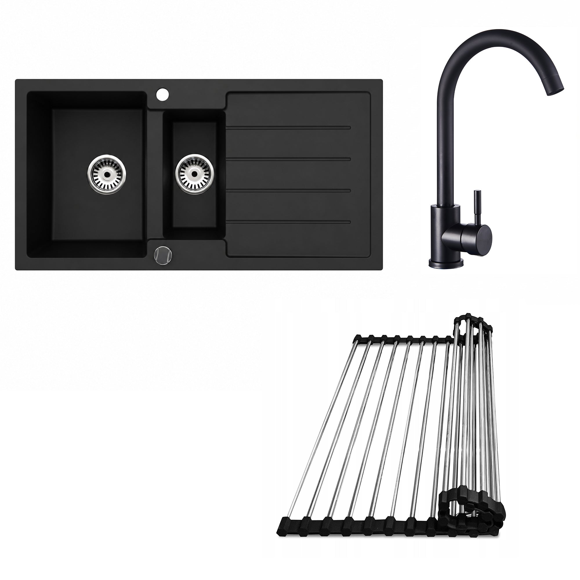 Faizee Home Granitspüle 100x50 cm Nachtschwarz inkl. Armatur Genial & Zubehör