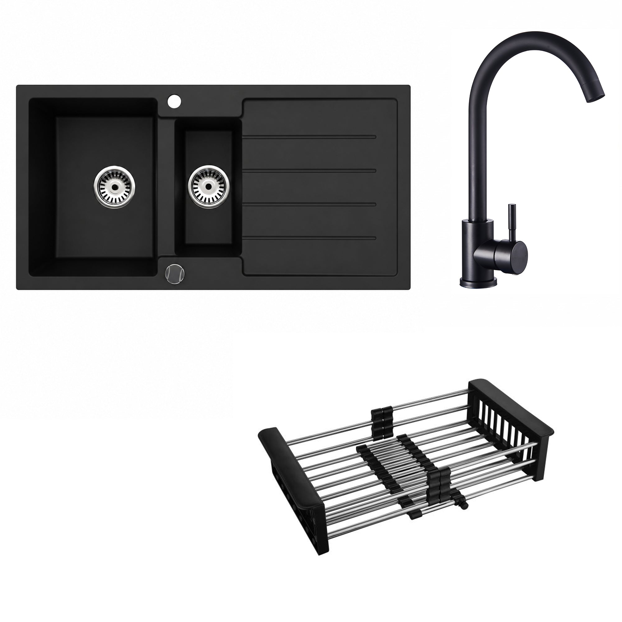 Faizee Home Granitspüle 100x50 cm Nachtschwarz inkl. Armatur Genial & Zubehör
