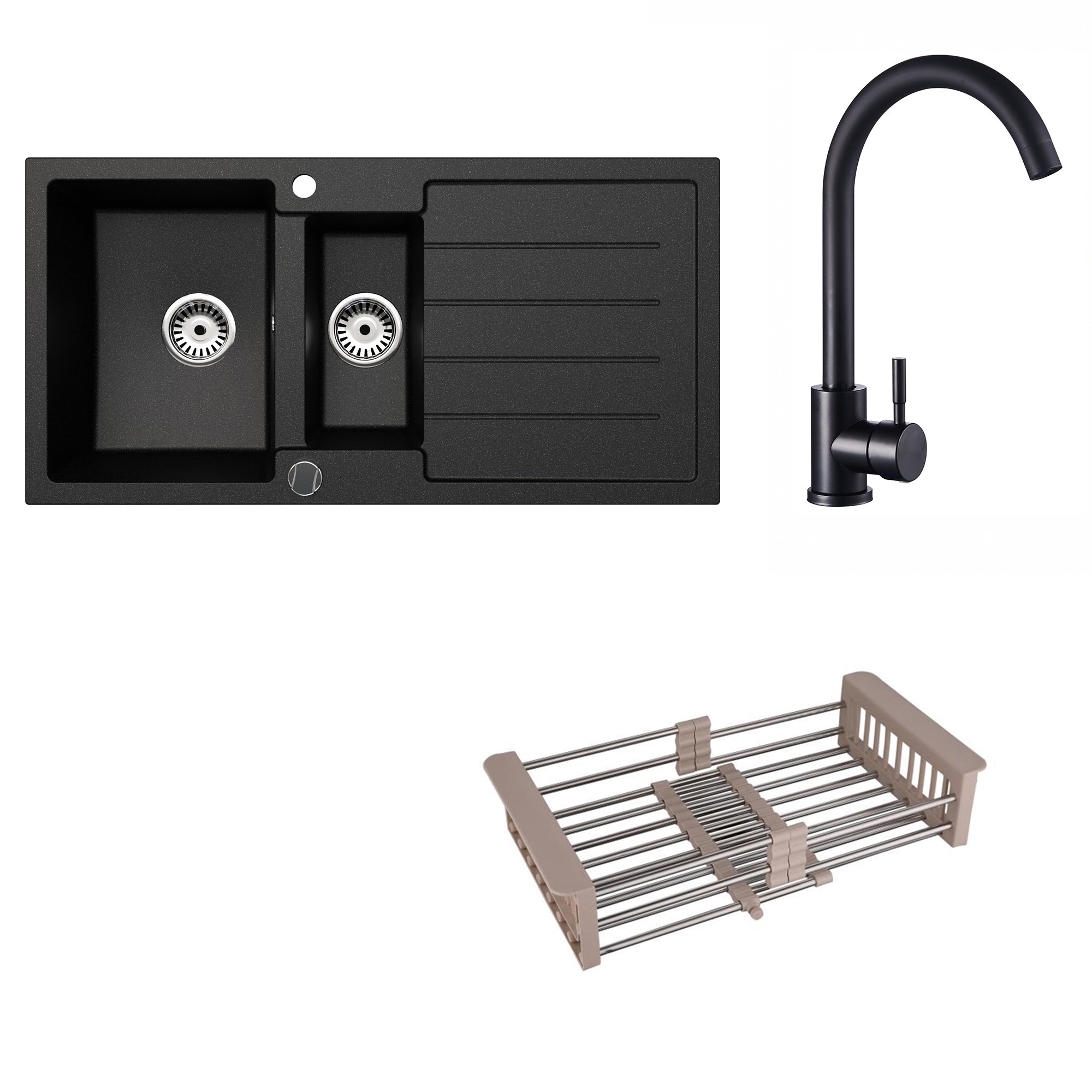 Faizee Home Granitspüle 100x50 cm Nachtschwarz inkl. Armatur Genial & Zubehör