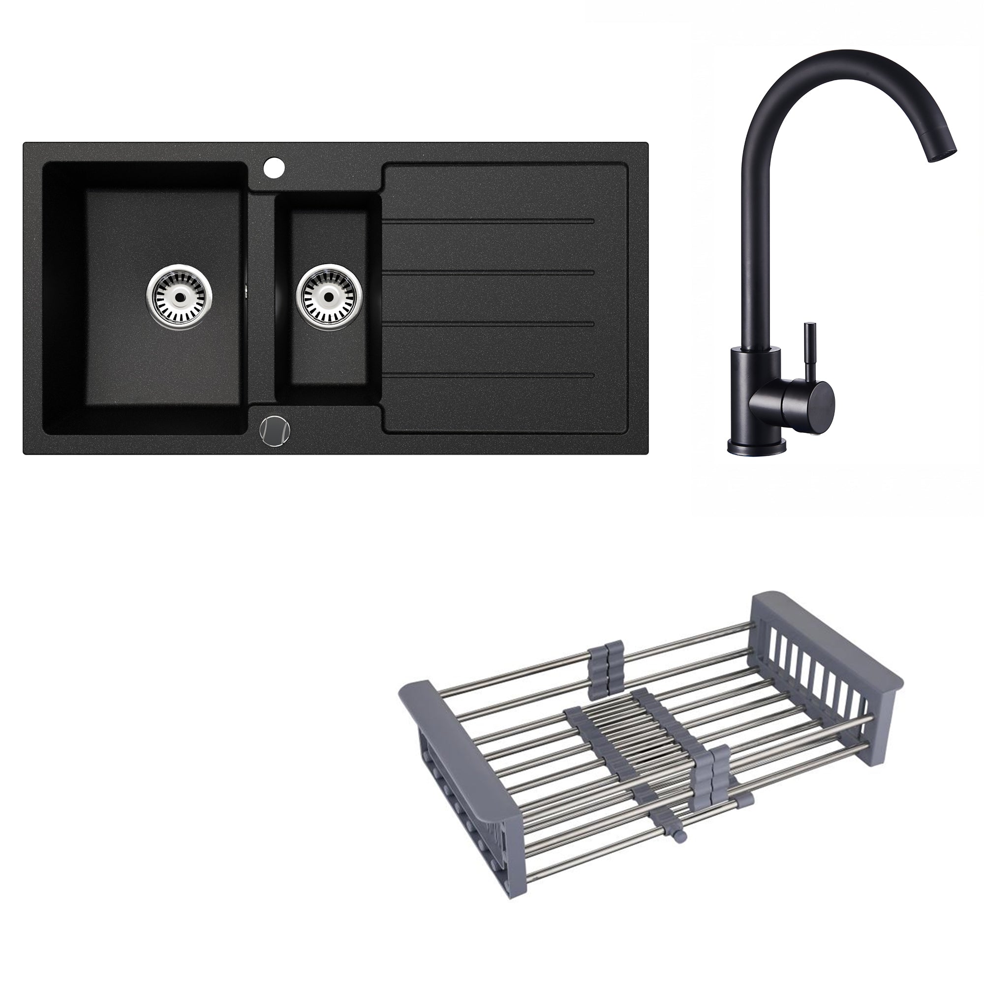 Faizee Home Granitspüle 100x50 cm Nachtschwarz inkl. Armatur Genial & Zubehör