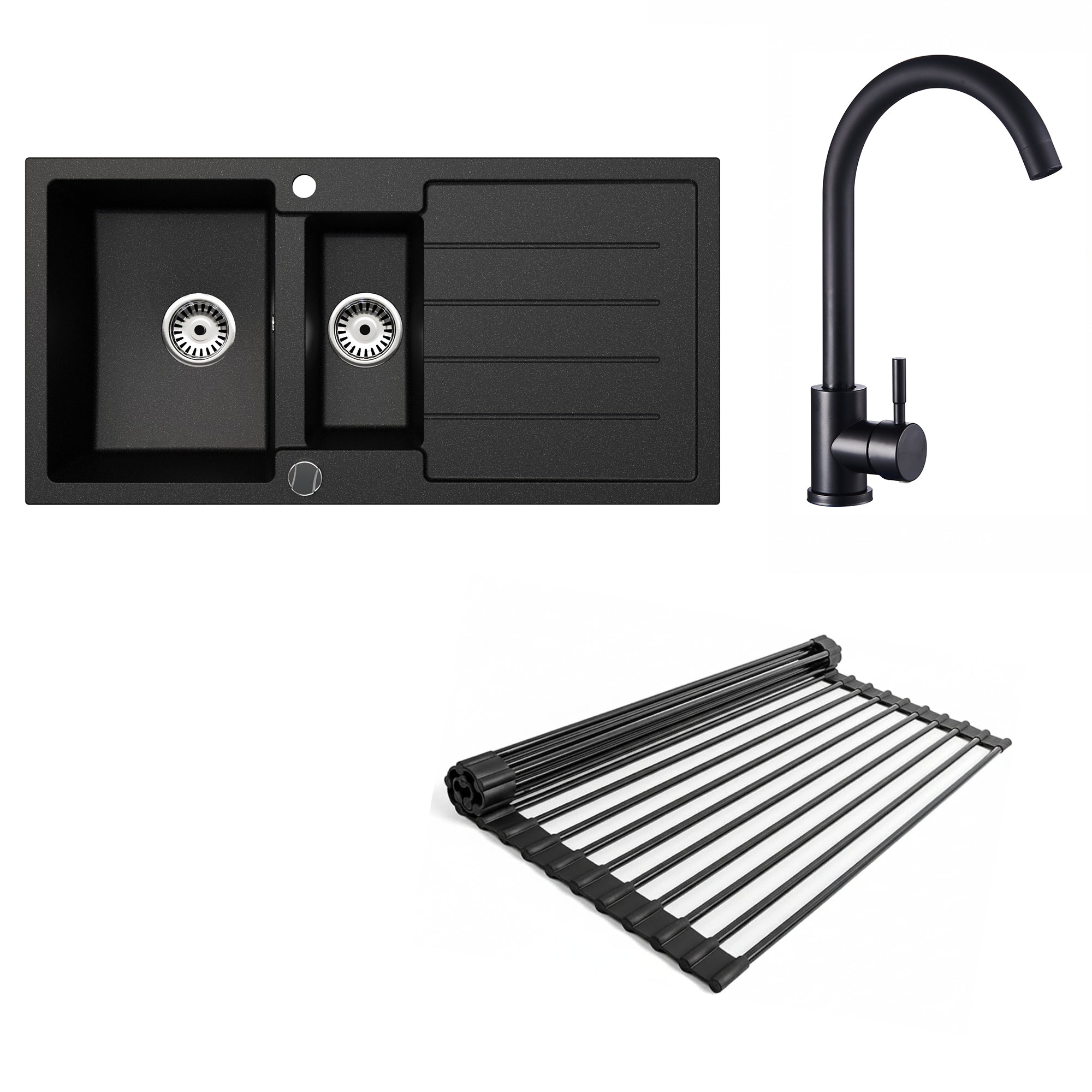 Faizee Home Granitspüle 100x50 cm Nachtschwarz inkl. Armatur Genial & Zubehör