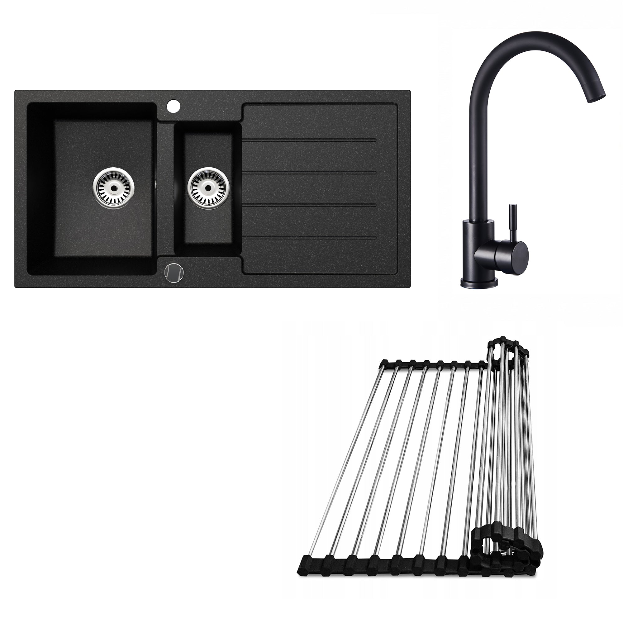 Faizee Home Granitspüle 100x50 cm Nachtschwarz inkl. Armatur Genial & Zubehör