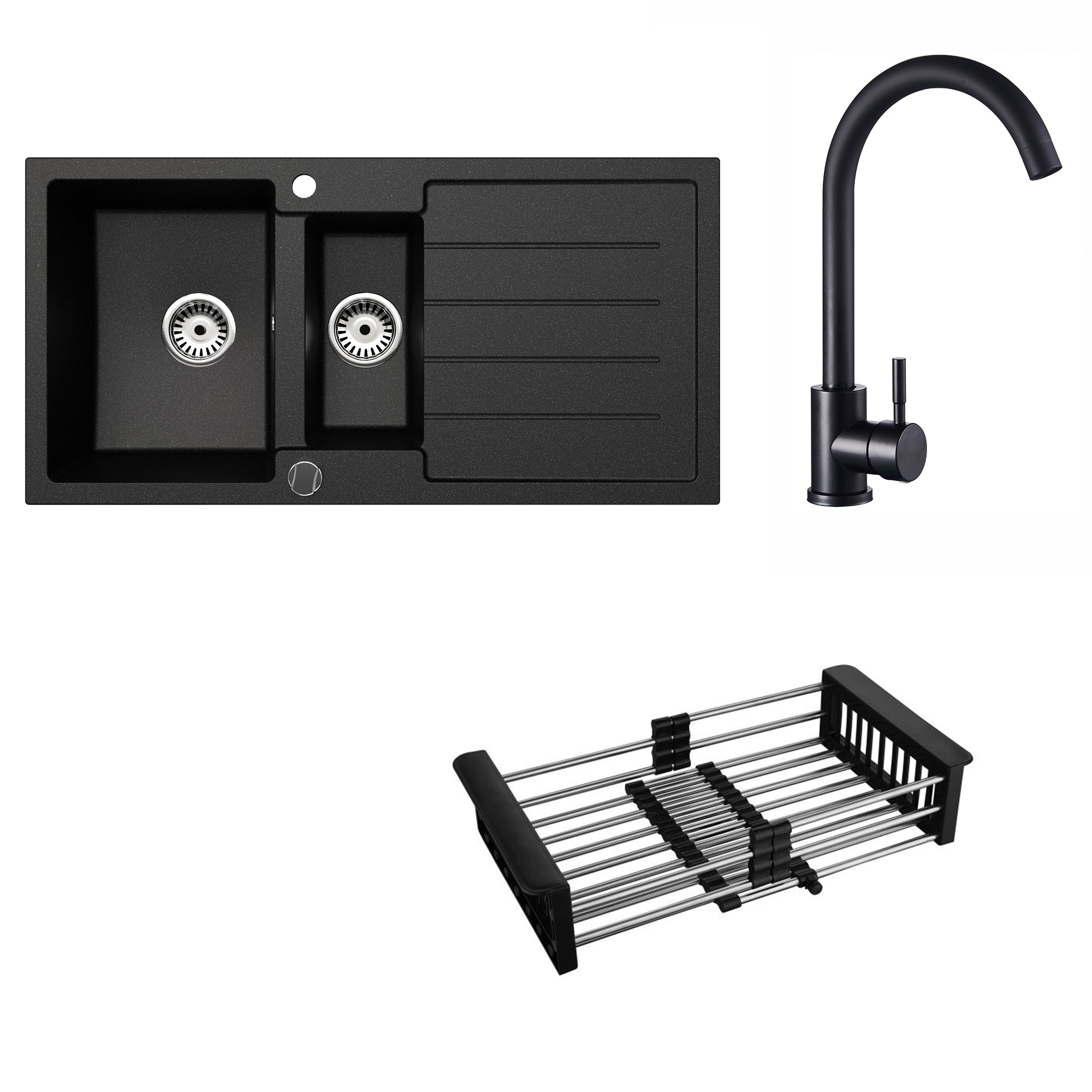 Faizee Home Granitspüle 100x50 cm Nachtschwarz inkl. Armatur Genial & Zubehör