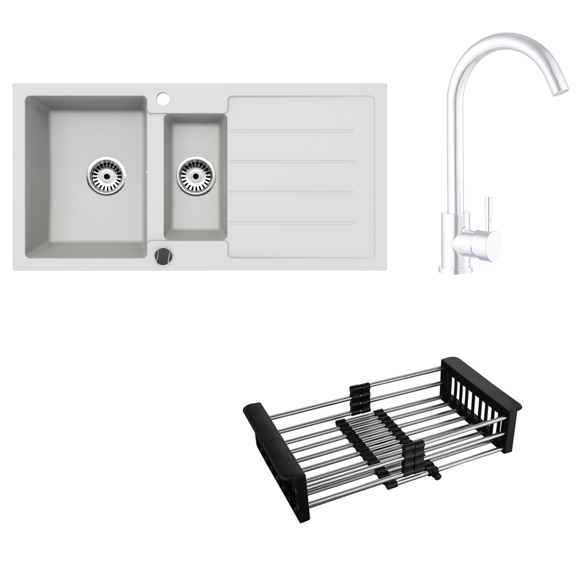 Faizee Home Granitspüle 100x50 cm Nachtschwarz inkl. Armatur Genial & Zubehör