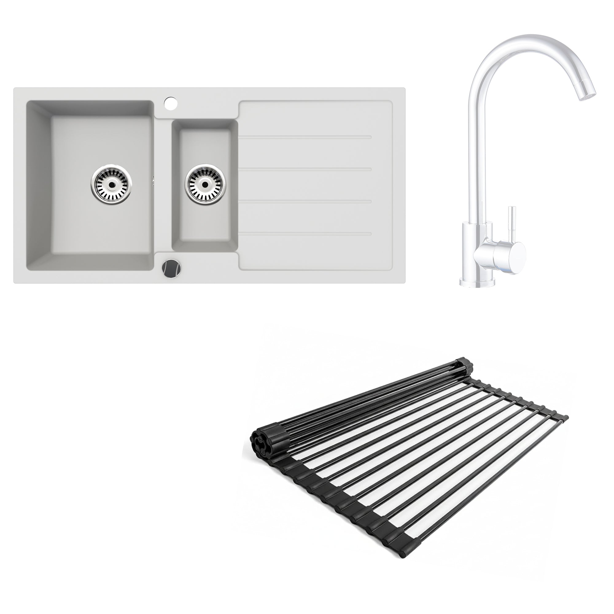 Faizee Home Granitspüle 100x50 cm Nachtschwarz inkl. Armatur Genial & Zubehör