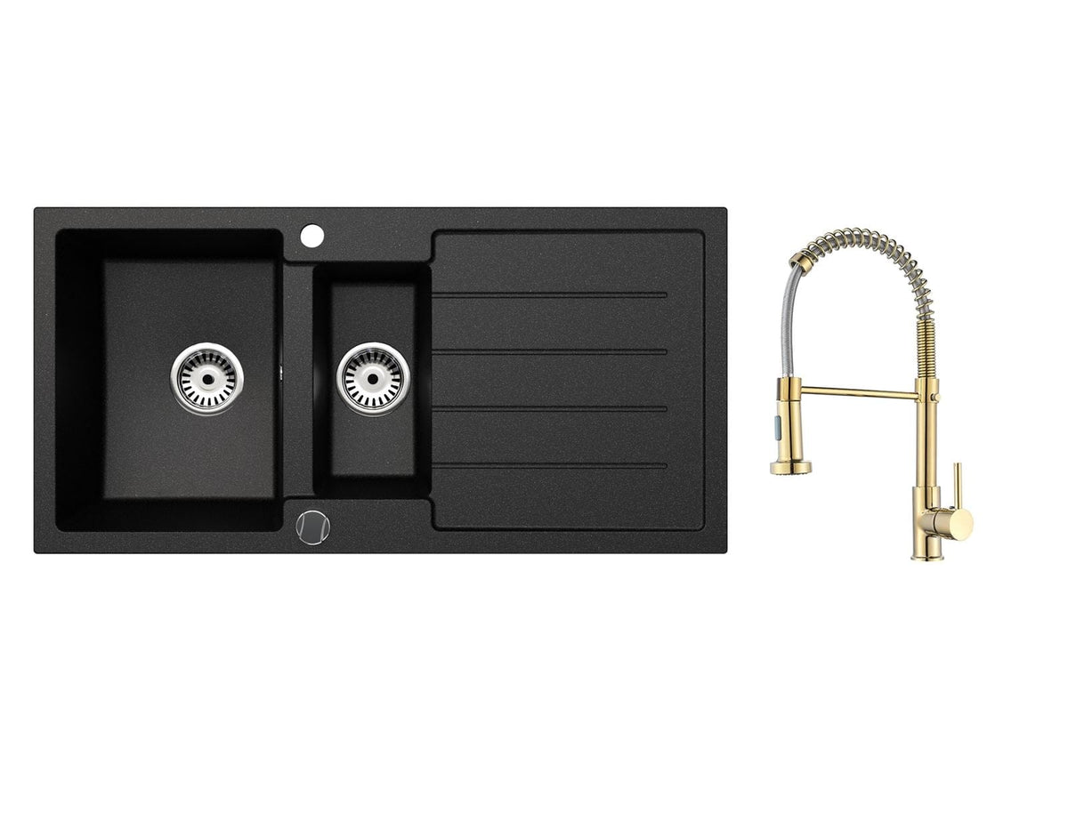 Faizee Home Granitspüle 100 × 50 cm mit 1,5 Becken – inkl. wählbarer Armatur & Siphon-Set