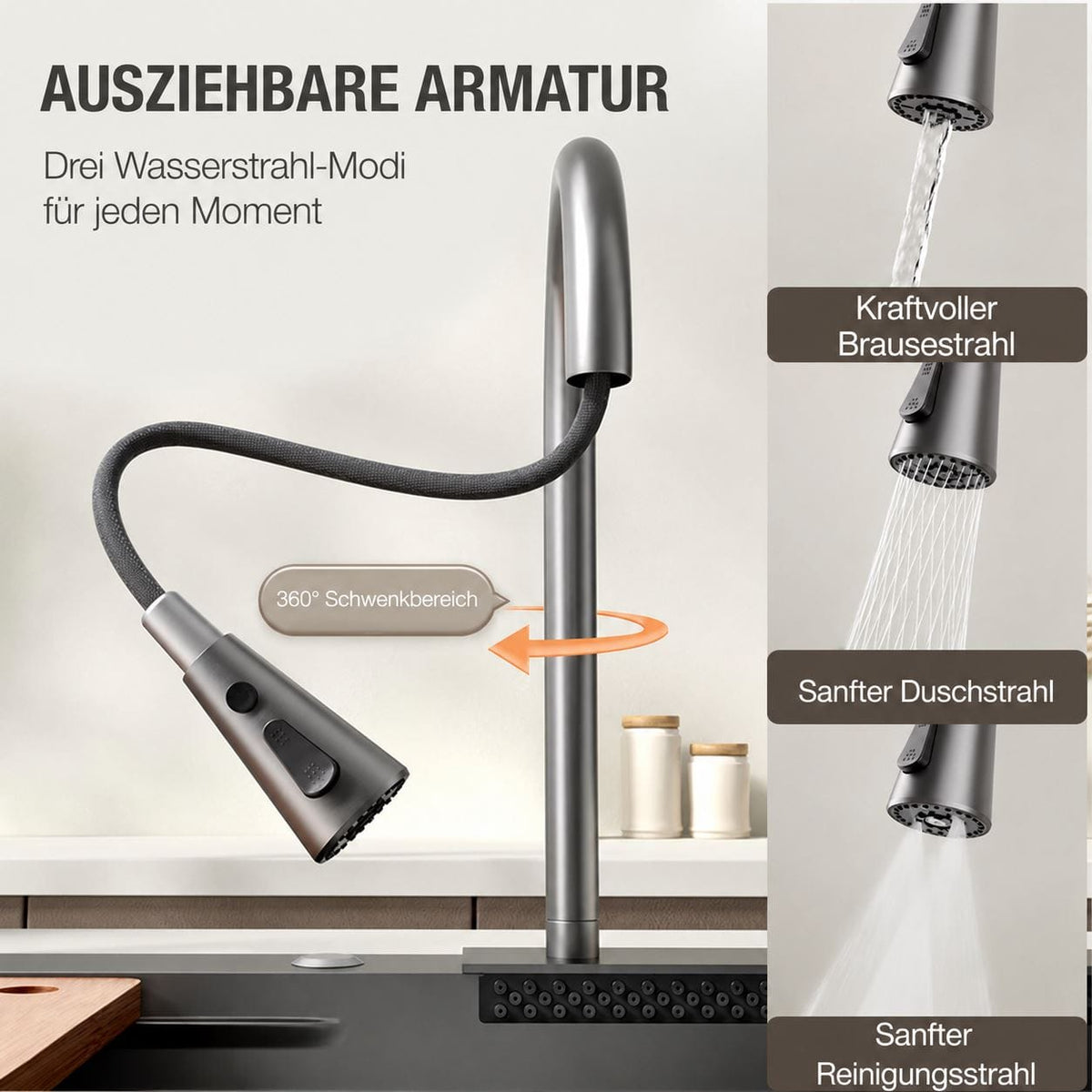 Faizee Home Neom Premium Edelstahlspüle 75 × 45 cm – 4-fach Armatur, Knopfabfluss & Zubehör – Schwarz, Silber oder Gold