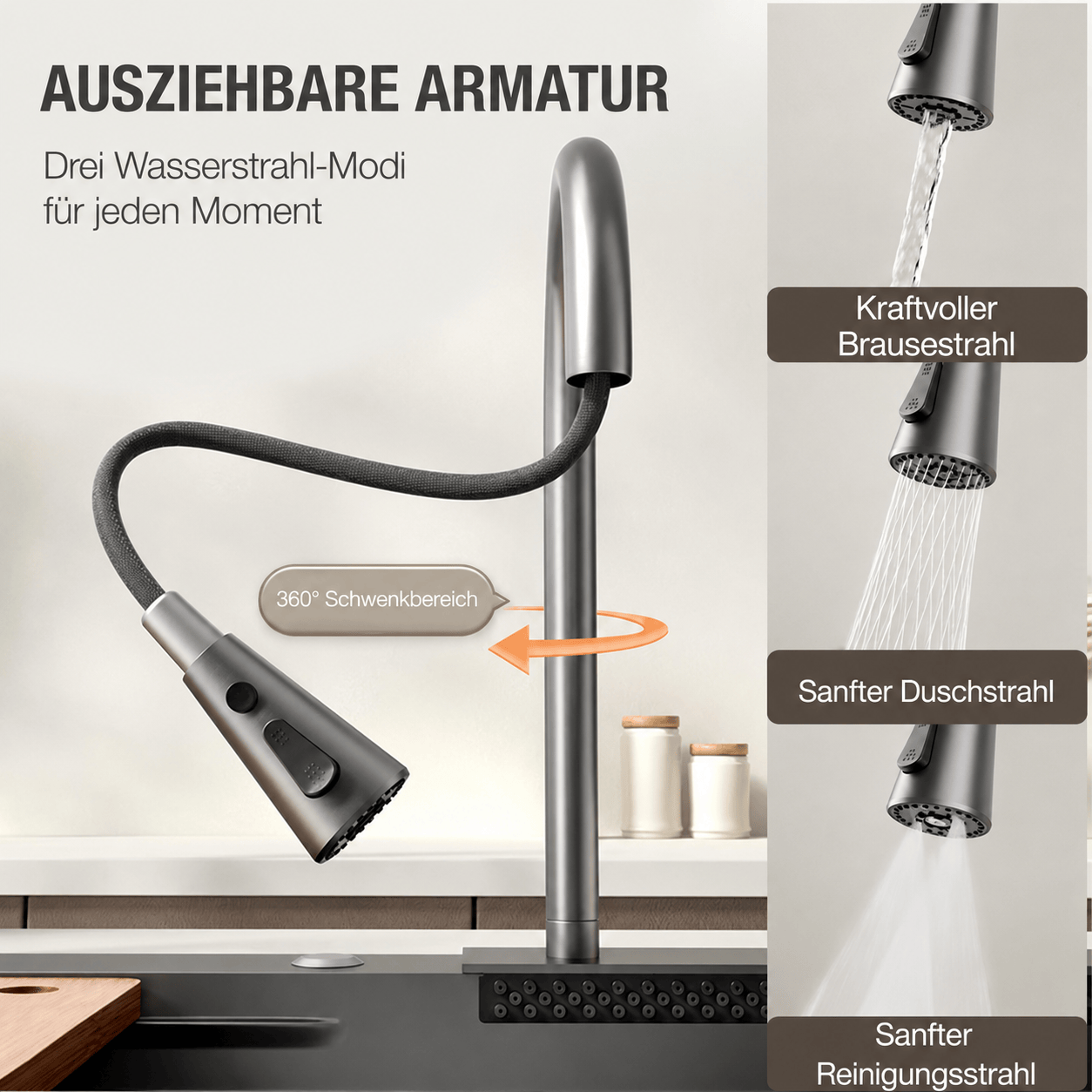 Faizee Home Neom Premium Edelstahlspüle 75 × 45 cm – 4-fach Armatur, Knopfabfluss & Zubehör – Schwarz, Silber oder Gold