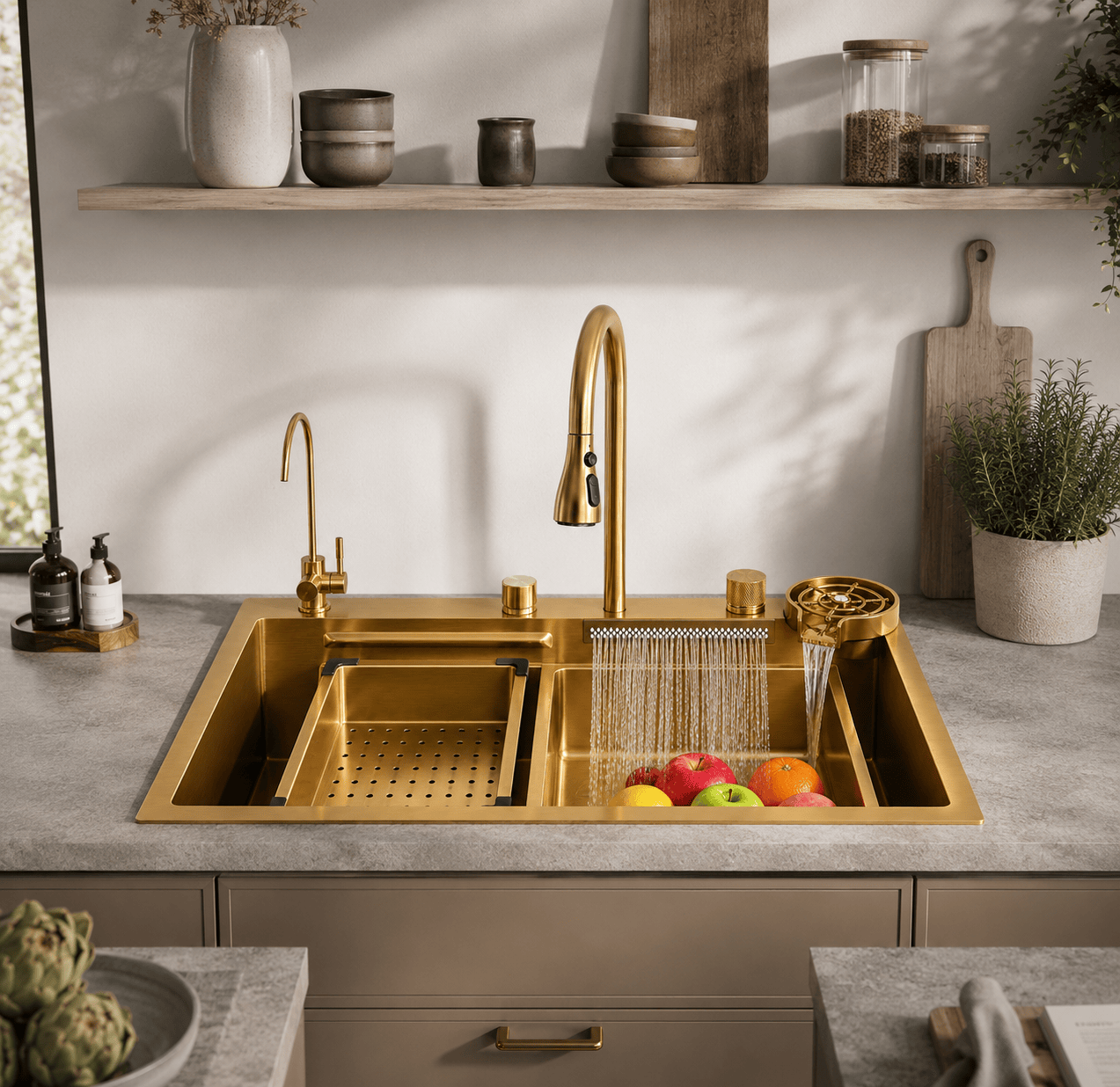 Faizee Home Neom Premium Edelstahlspüle 75 × 45 cm – 4-fach Armatur, Knopfabfluss & Zubehör – Schwarz, Silber oder Gold