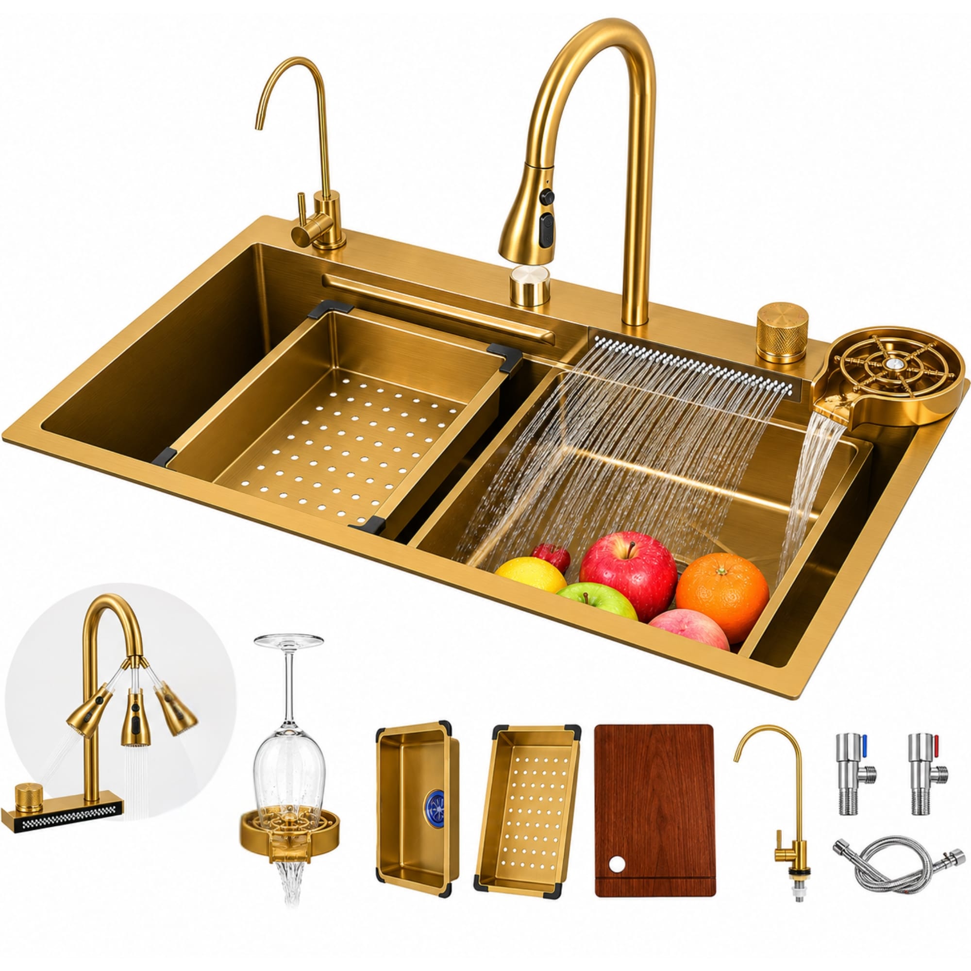 Faizee Home Neom Premium Edelstahlspüle 75 × 45 cm – 4-fach Armatur, Knopfabfluss & Zubehör – Schwarz, Silber oder Gold