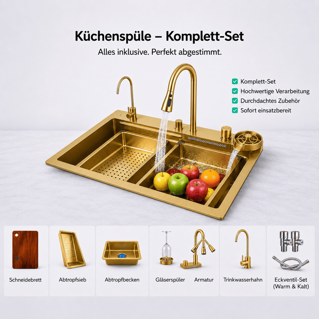 Faizee Home Neom Premium Edelstahlspüle 75 × 45 cm – 4-fach Armatur, Knopfabfluss & Zubehör – Schwarz, Silber oder Gold