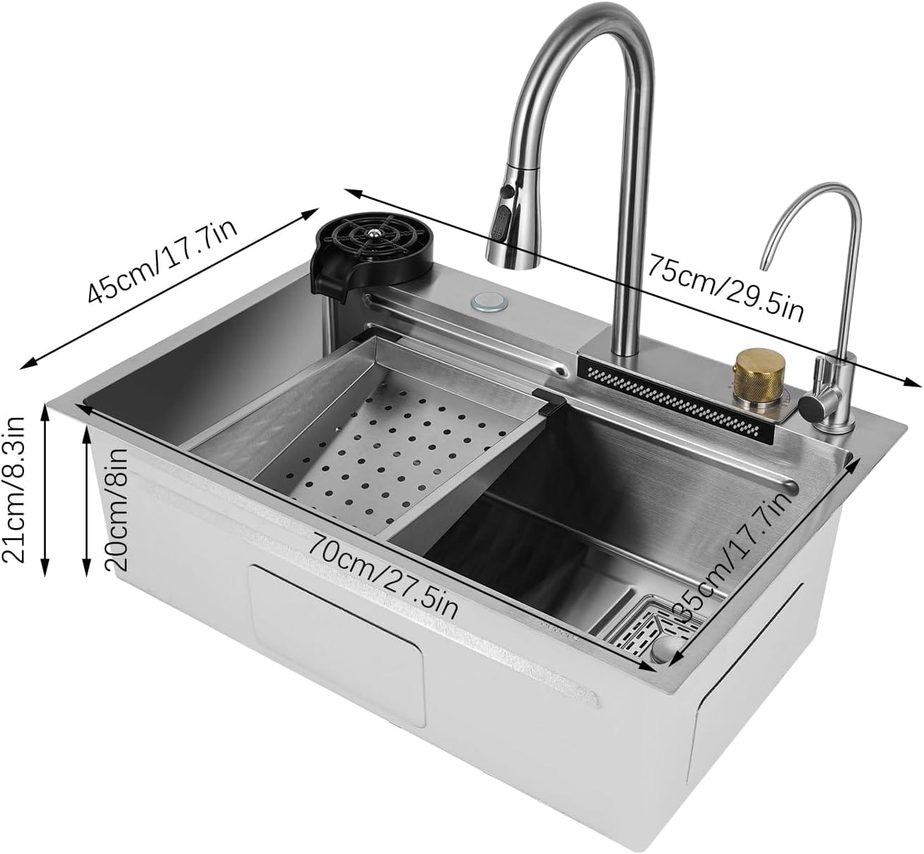Faizee Home Neom Premium Edelstahlspüle 75 × 45 cm – 4-fach Armatur, Knopfabfluss & Zubehör – Schwarz, Silber oder Gold