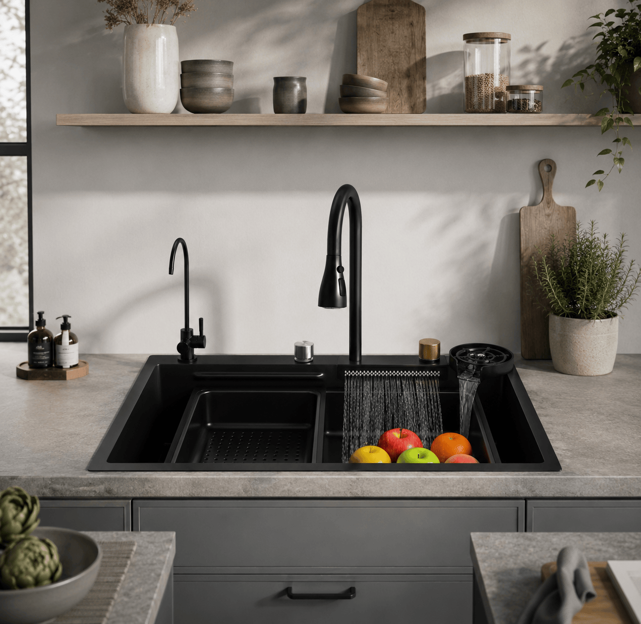 Faizee Home Neom Premium Edelstahlspüle 75 × 45 cm – 4-fach Armatur, Knopfabfluss & Zubehör – Schwarz, Silber oder Gold
