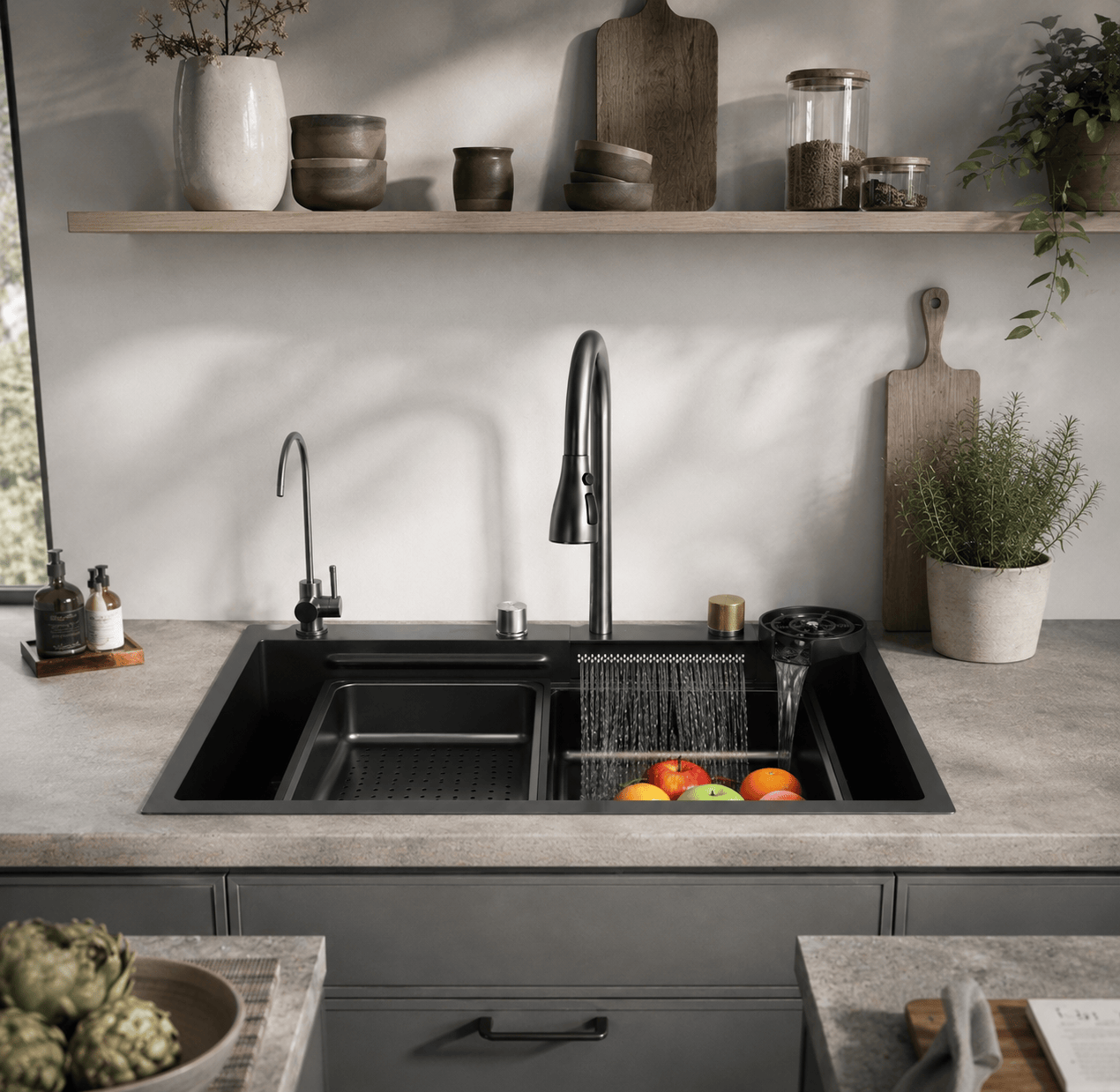 Faizee Home Neom Premium Edelstahlspüle 75 × 45 cm – 4-fach Armatur, Knopfabfluss & Zubehör – Schwarz, Silber oder Gold