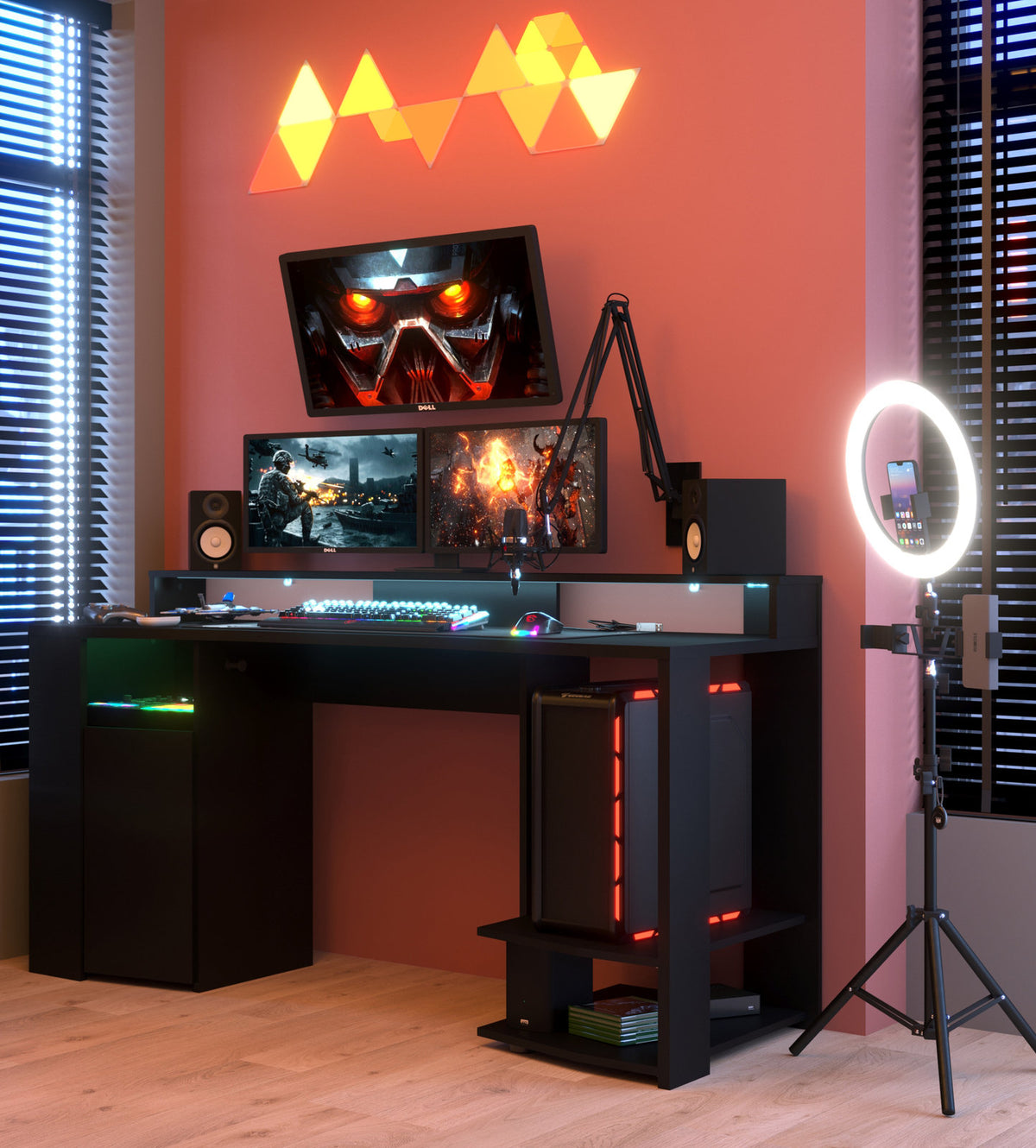 Faizee Home Parisot Gaming 11 Gaming Schreibtisch Schwarz mit LED-Beleuchtung & Towerfach
