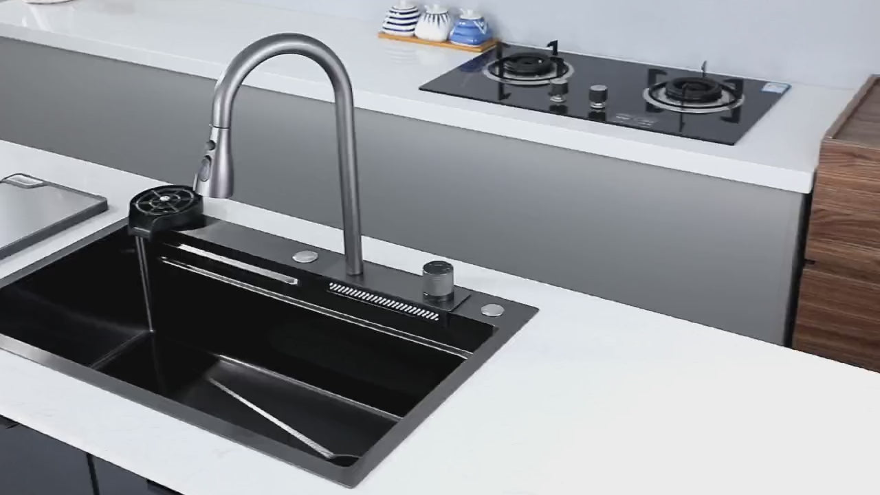 Neom Edelstahlspüle 75x45 cm mit 4-fach Wasserhahn, Wasserfall & Zubehör