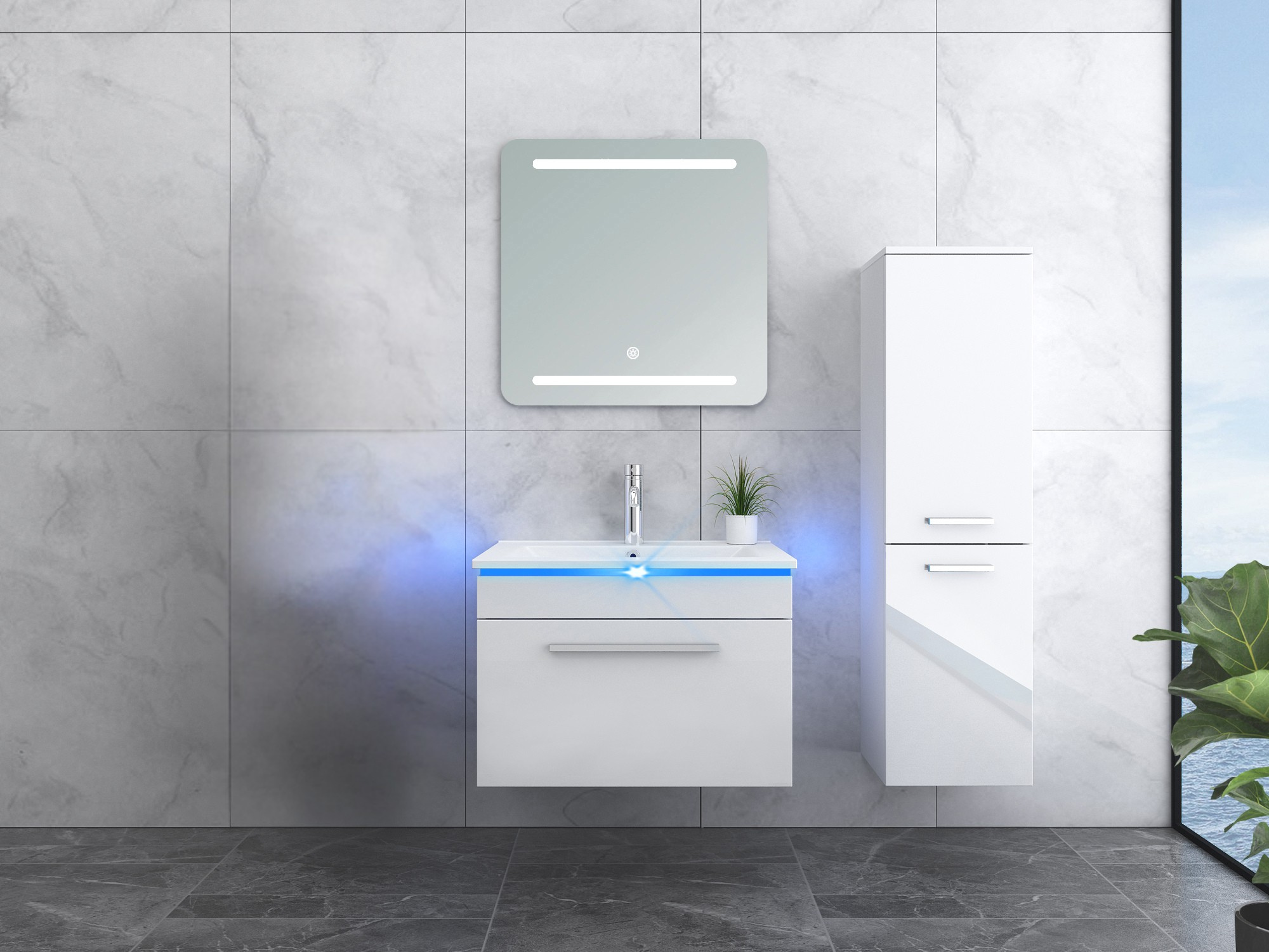 Faizee Home Badmöbelset 60 cm Hochglanz inkl. Keramik-Waschbecken, LED-Spiegel & Soft-Close