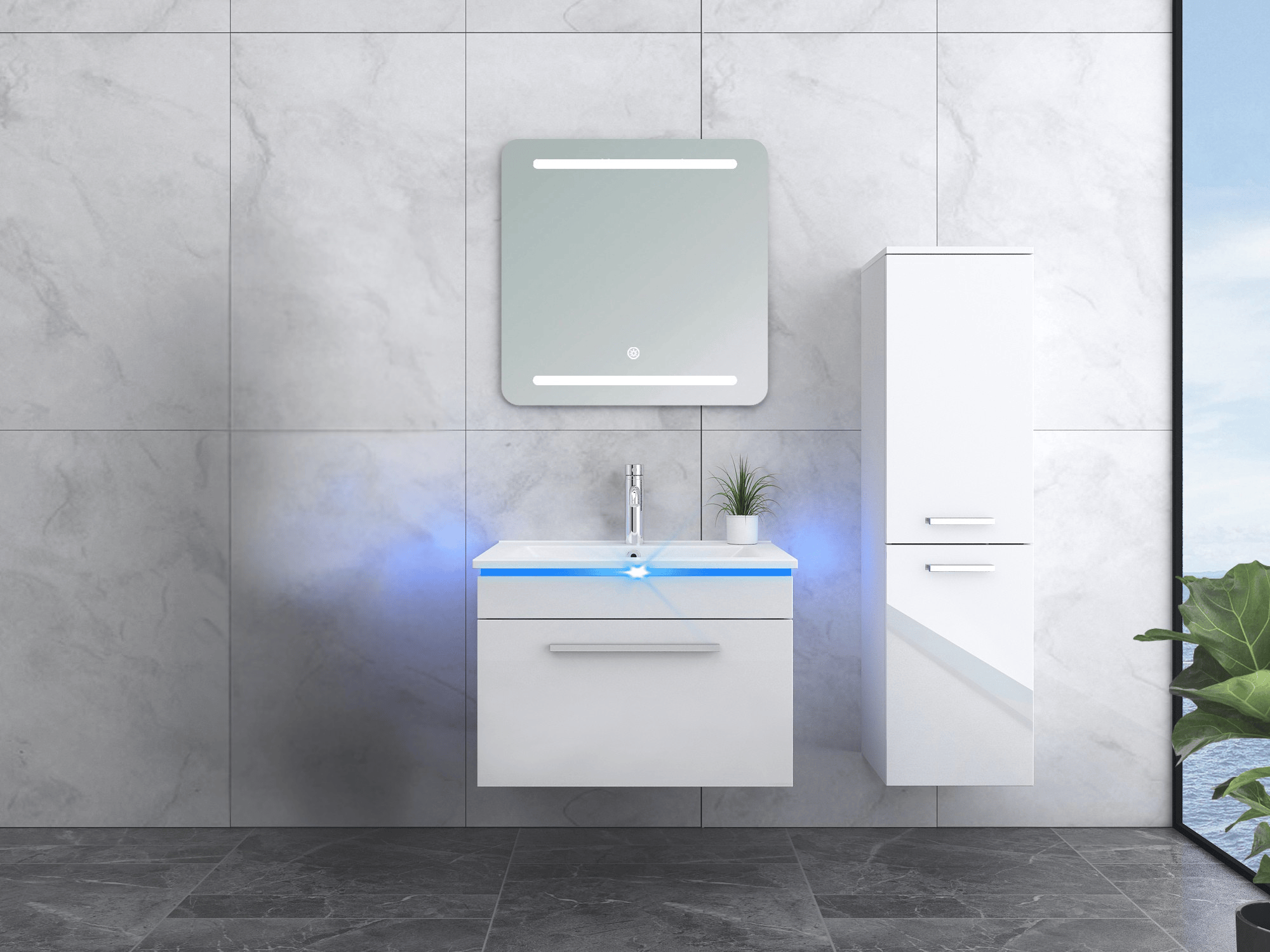 Faizee Home Badmöbelset 60 cm Hochglanz inkl. Keramik-Waschbecken, LED-Spiegel & Soft-Close
