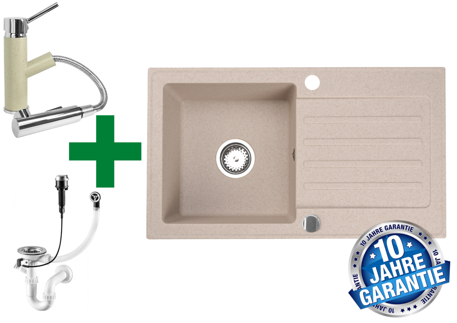 Granitspüle 76x44 + Armatur Cado – inkl. Siphon-Set