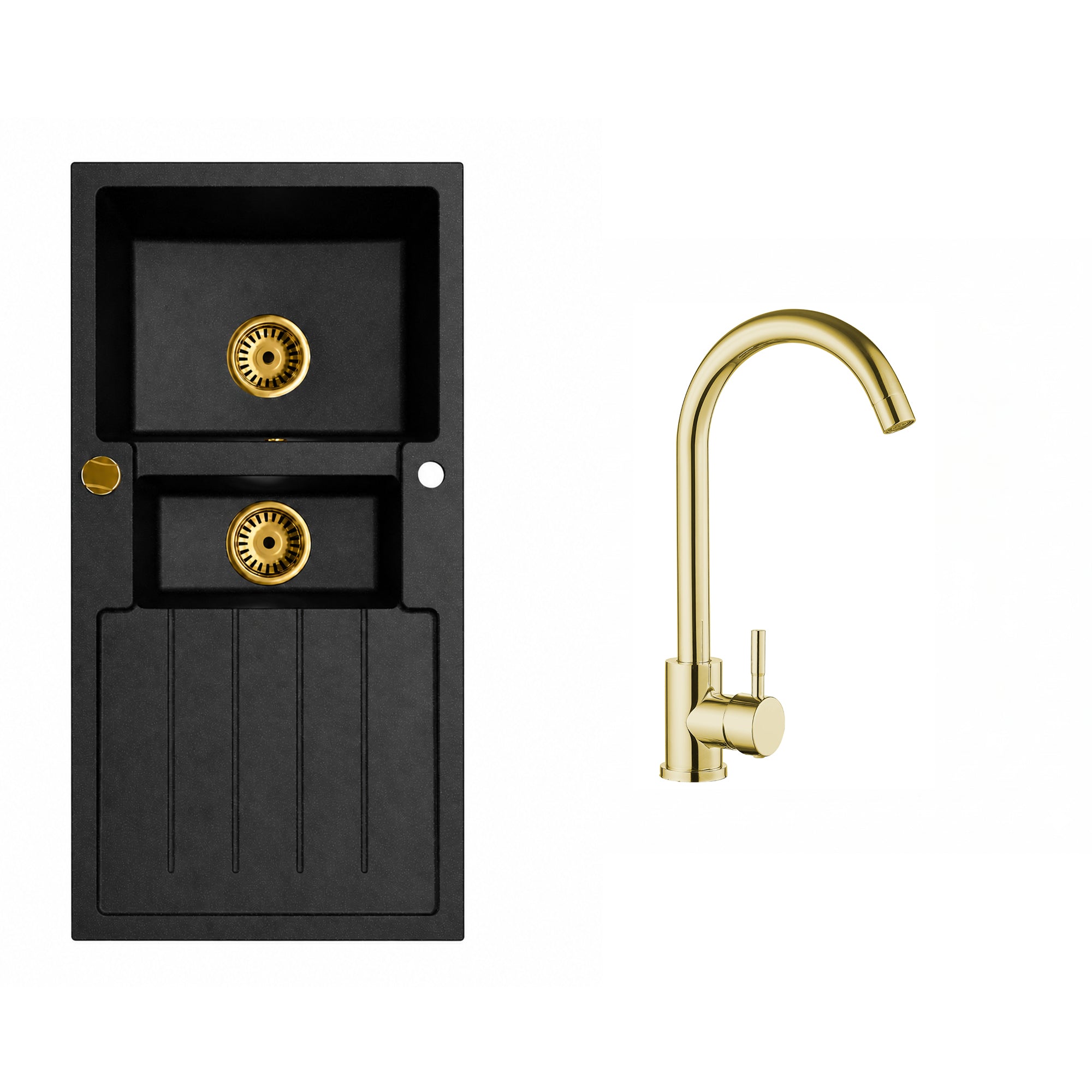 Faizee Home Granitspüle Napoli 100 × 50 cm – Gold-Siphon & Armatur wählbar