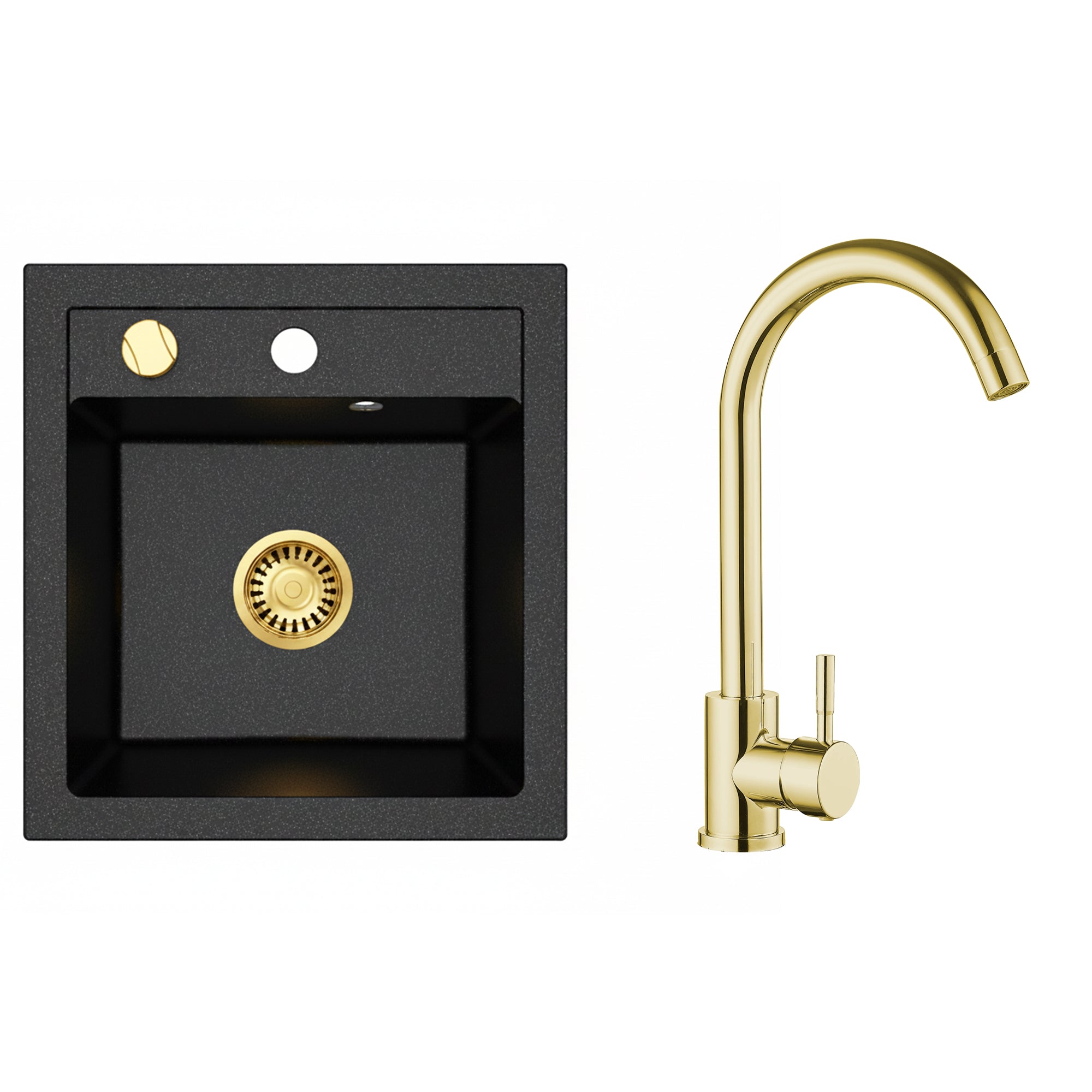 Faizee Home Granitspüle Milano 52 × 49 cm – inkl. goldenem Siphon & wählbarer Armatur Genial Gold oder Spiral Gold