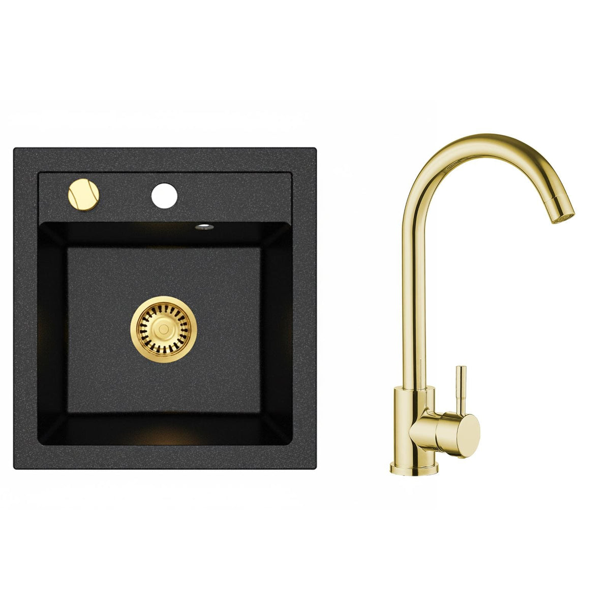 Faizee Home Granitspüle Milano 52 × 49 cm – inkl. goldenem Siphon & wählbarer Armatur Genial Gold oder Spiral Gold