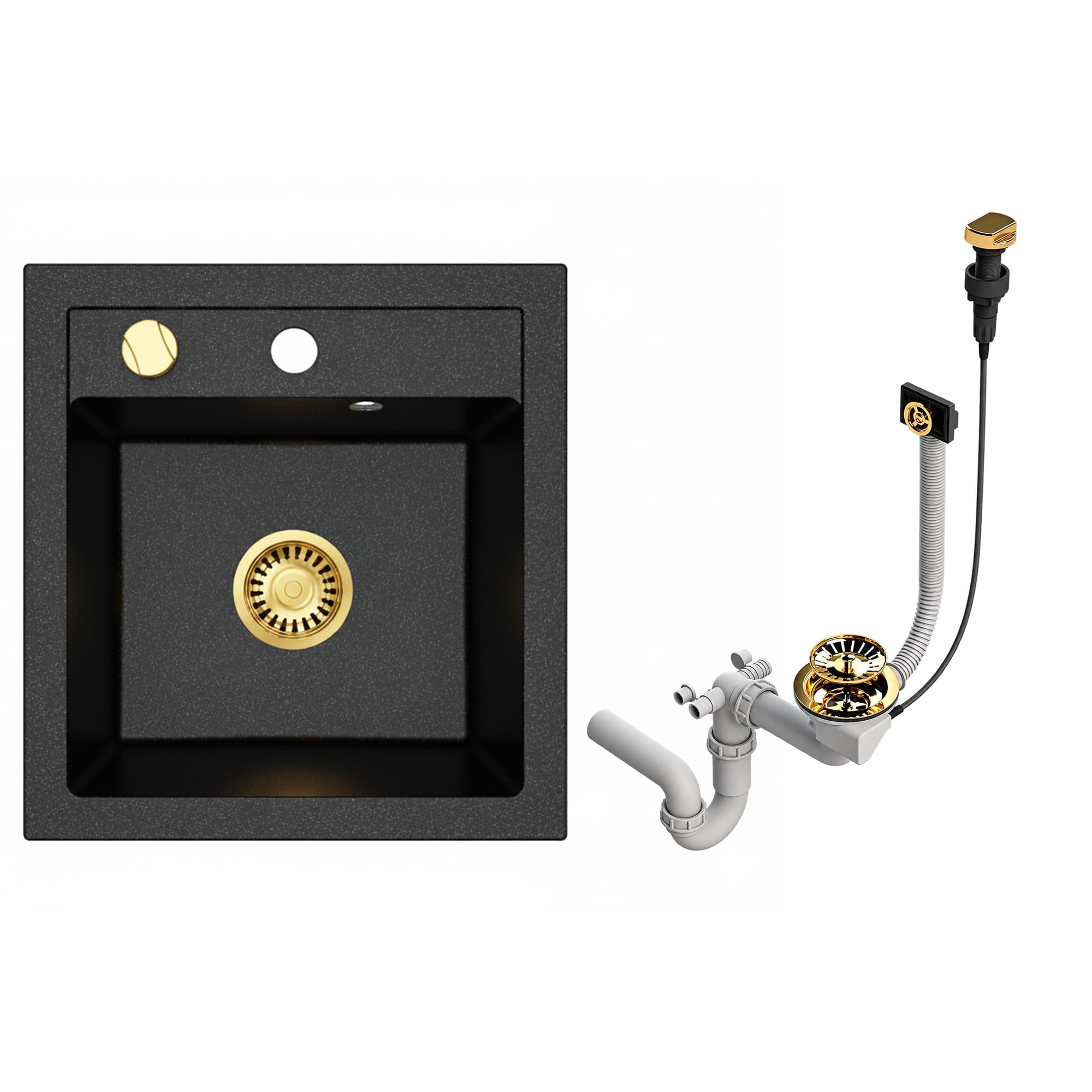 Faizee Home Granitspüle Milano 52 × 49 cm – inkl. goldenem Siphon & wählbarer Armatur Genial Gold oder Spiral Gold