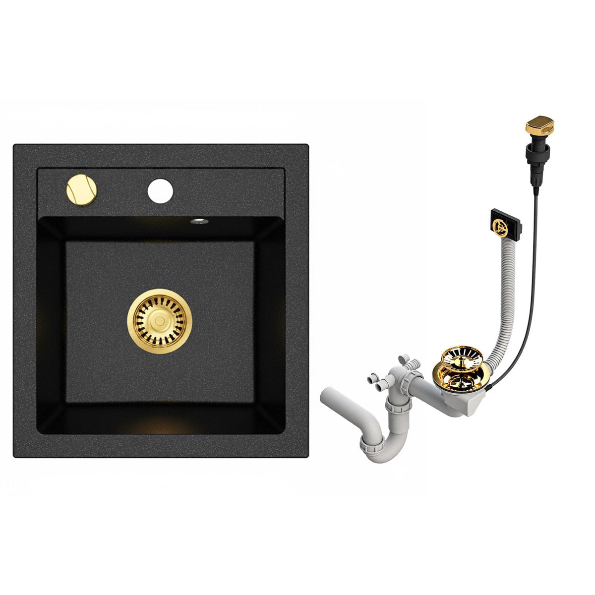 Faizee Home Granitspüle Milano 52 × 49 cm – inkl. goldenem Siphon & wählbarer Armatur Genial Gold oder Spiral Gold