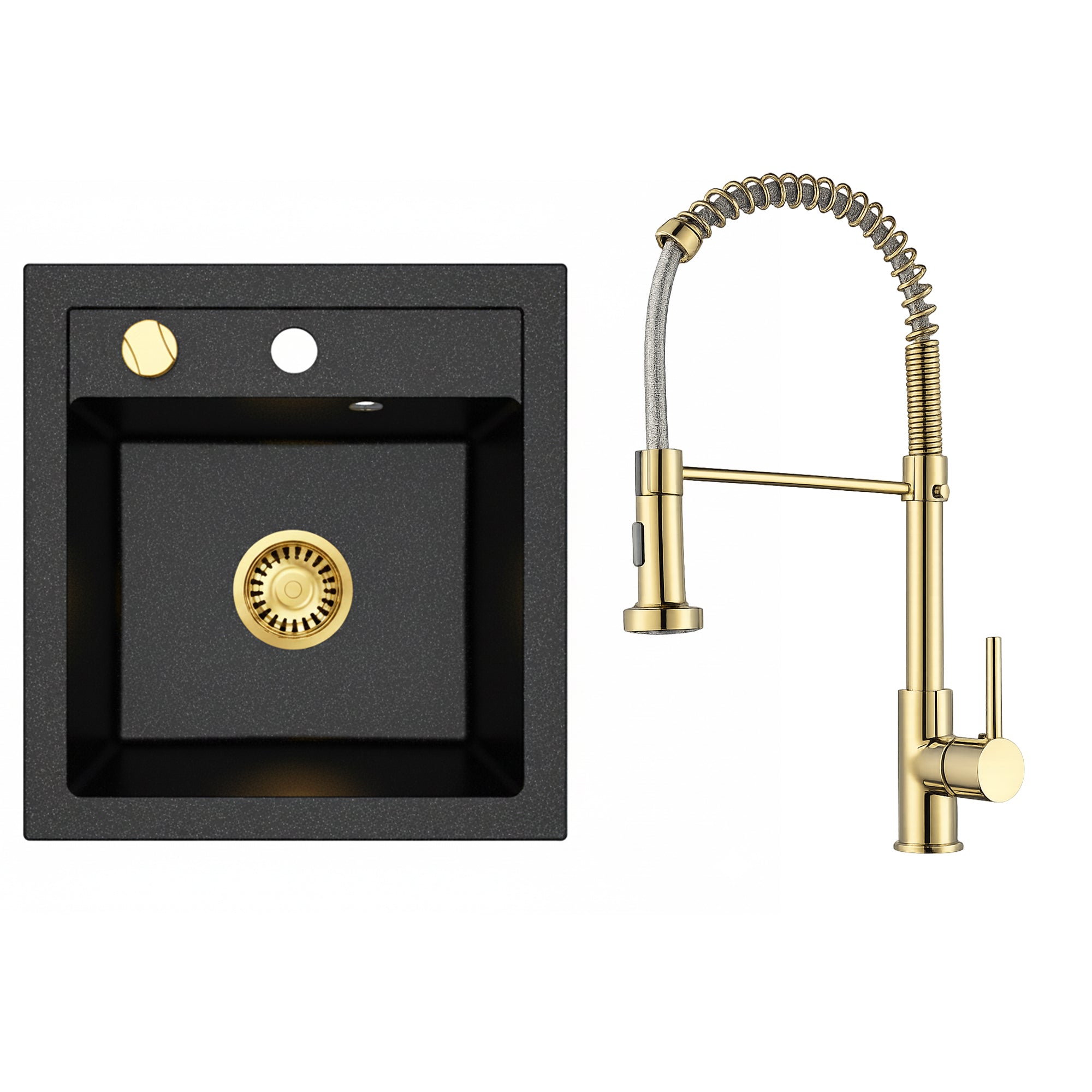 Faizee Home Granitspüle Milano 52 × 49 cm – inkl. goldenem Siphon & wählbarer Armatur Genial Gold oder Spiral Gold