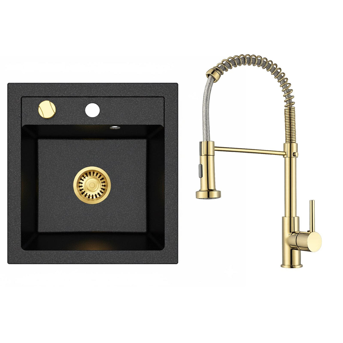 Faizee Home Granitspüle Milano 52 × 49 cm – inkl. goldenem Siphon & wählbarer Armatur Genial Gold oder Spiral Gold