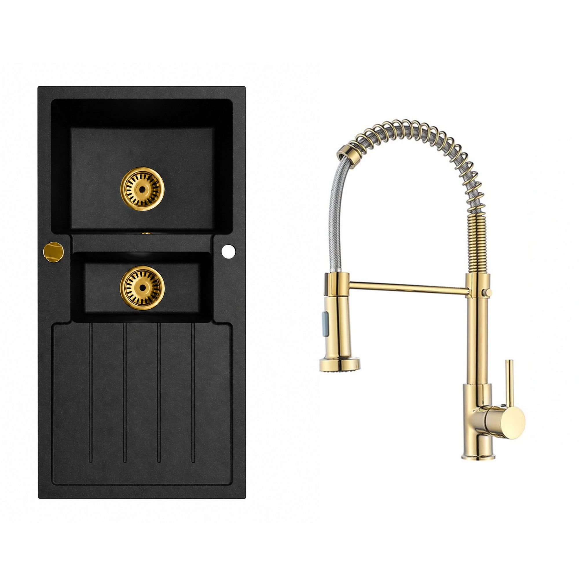 Faizee Home Granitspüle Napoli 100 × 50 cm – Gold-Siphon & Armatur wählbar
