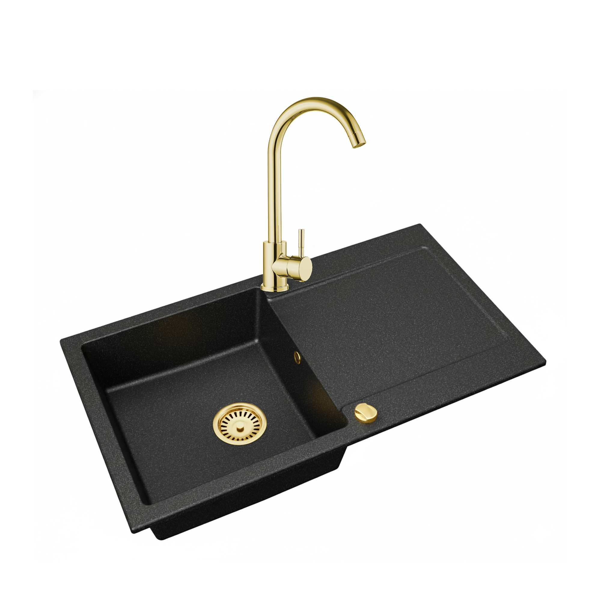 Faizee Home Granitspüle Element 90x50 cm Komplettset mit Gold Armatur & Siphon – wählbar Genial oder Spiral