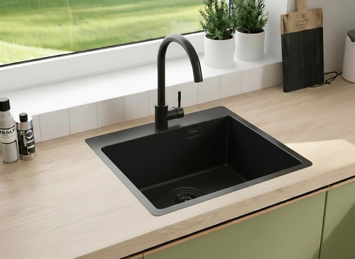 Faizee Home Steelcore Edelstahl-Einbauspüle 50,5 × 50 cm – 17 cm Tief – Reversibel mit Siphon & Geschirrspüleranschluss