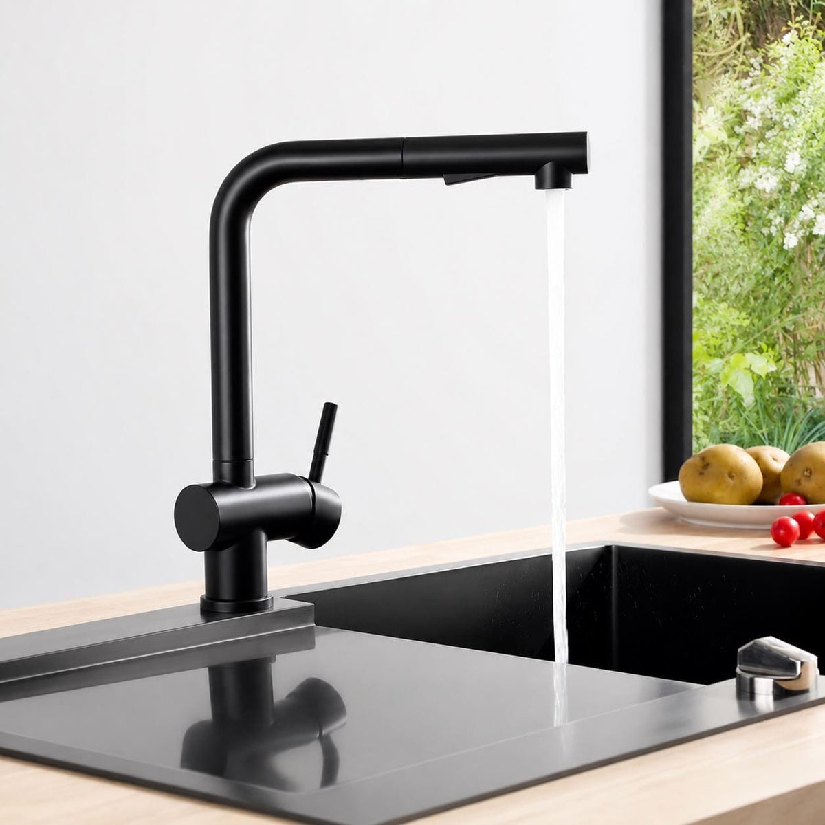 Faizee Home Future Serie Edelstahlspüle Schwarz mit Spülkorb, Seifenspender & Armaturenauswahl