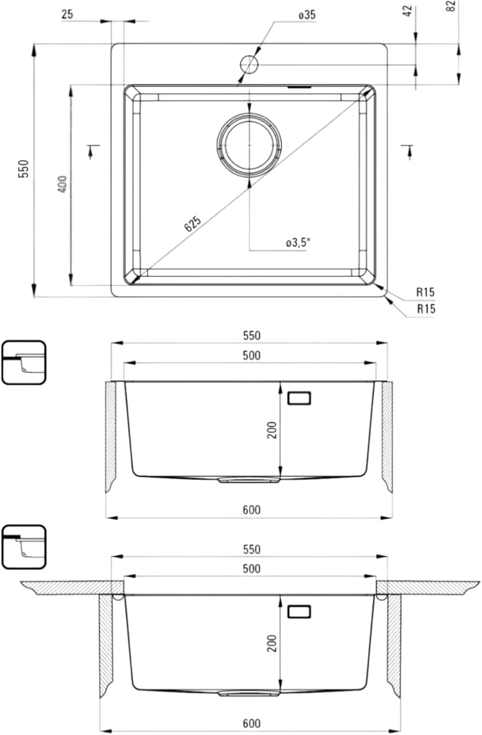 Faizee Home Steelcore Edelstahl-Einbauspüle 50,5 × 50 cm – 17 cm Tief – Reversibel mit Siphon & Geschirrspüleranschluss