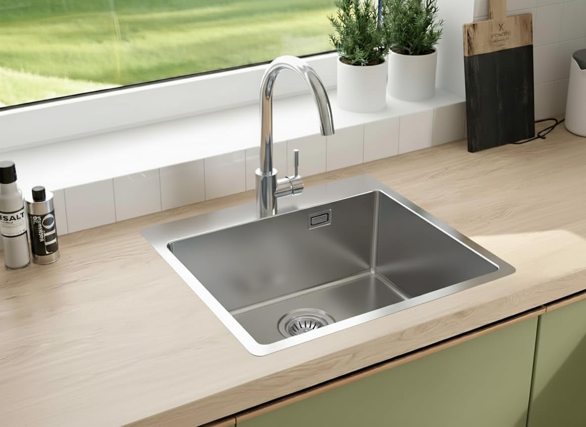 Faizee Home Steelcore Edelstahl-Einbauspüle 50,5 × 50 cm – 17 cm Tief – Reversibel mit Siphon & Geschirrspüleranschluss