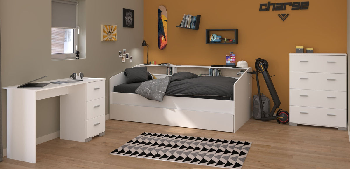 Parisot Sleep 44 Jugendzimmer Set 5-teilig – Stauraumbett 90x200, Schreibtisch mit 3 Schubladen & Kommode mit 4 Schubladen – Weiß