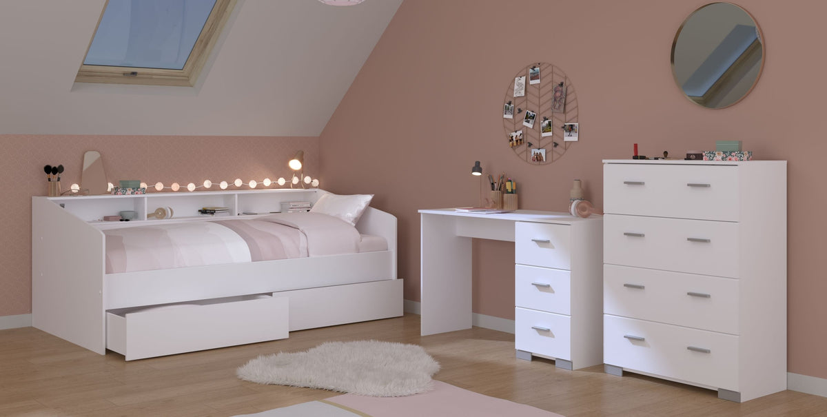 Parisot Sleep 44 Jugendzimmer Set 5-teilig – Stauraumbett 90x200, Schreibtisch mit 3 Schubladen & Kommode mit 4 Schubladen – Weiß
