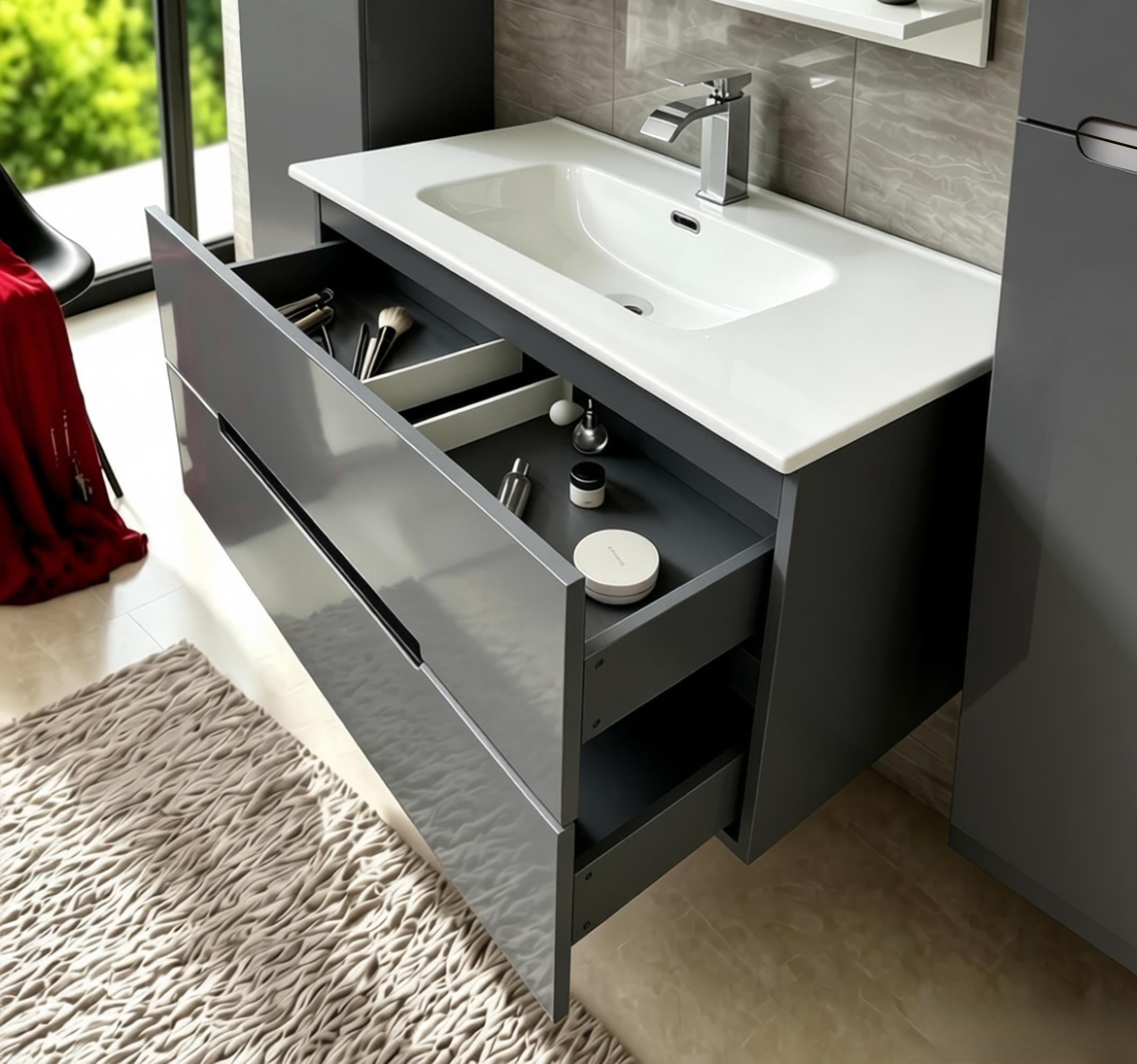 Faizee Home Badmöbelset Aliyah 90 cm Hochglanz Grau Weiß inkl. Waschbecken, Spiegel & Regal