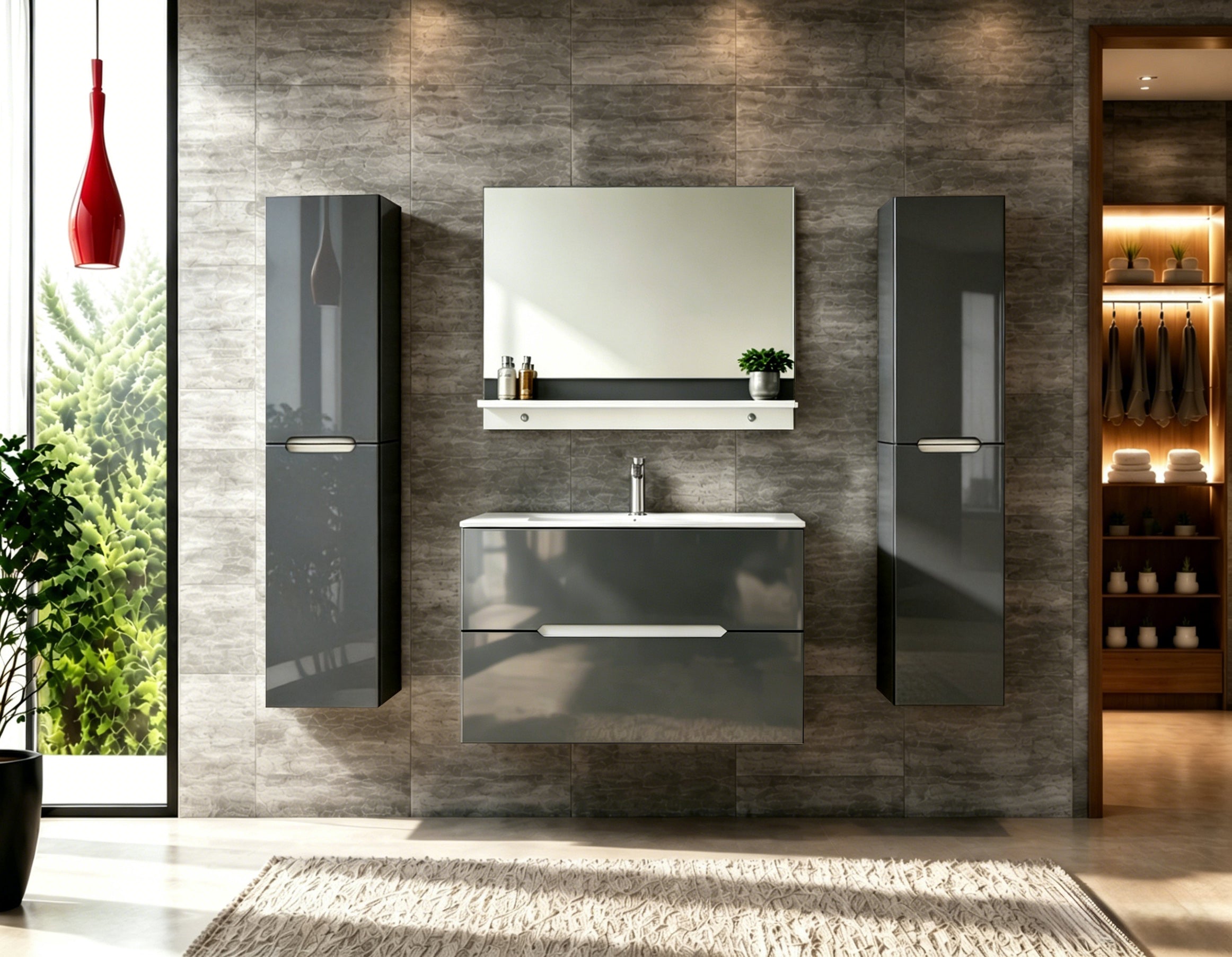 Faizee Home Badmöbelset Aliyah 90 cm Hochglanz Grau Weiß inkl. Waschbecken, Spiegel & Regal