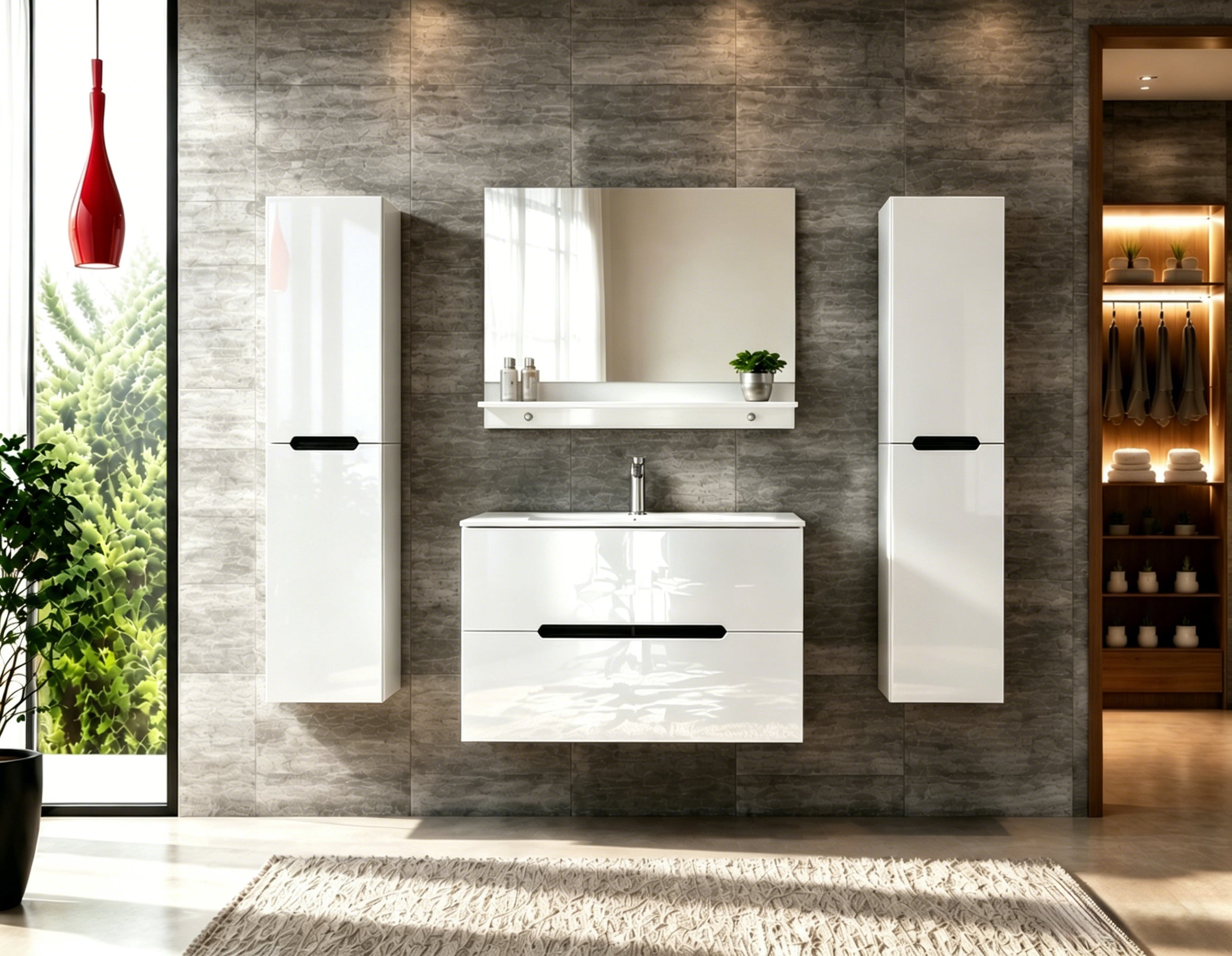 Faizee Home Badmöbelset Aliyah 90 cm Schwarz Weiß inkl. Waschbecken, Spiegel & Regal
