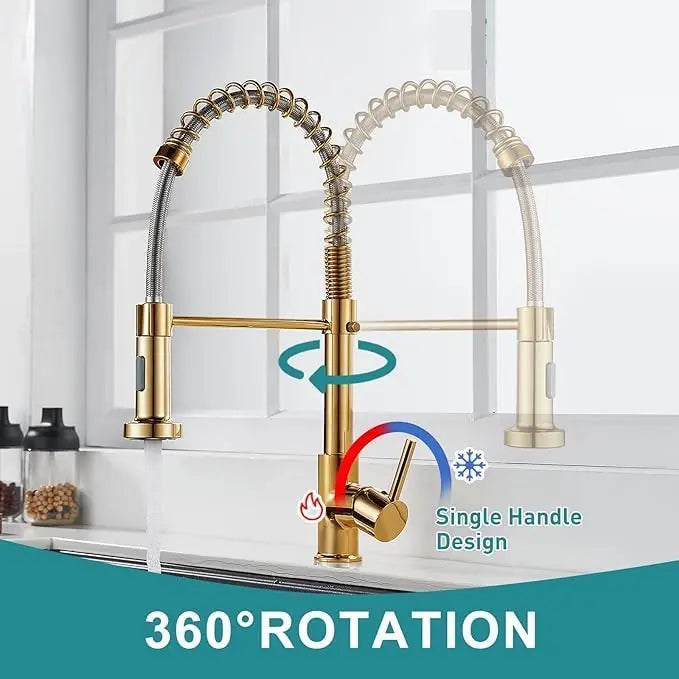 Spiral Küchenarmatur Schwarz, Gold oder Silber – Profi-Armatur mit Ausziehbrause, 360° Drehung & Messingkörper