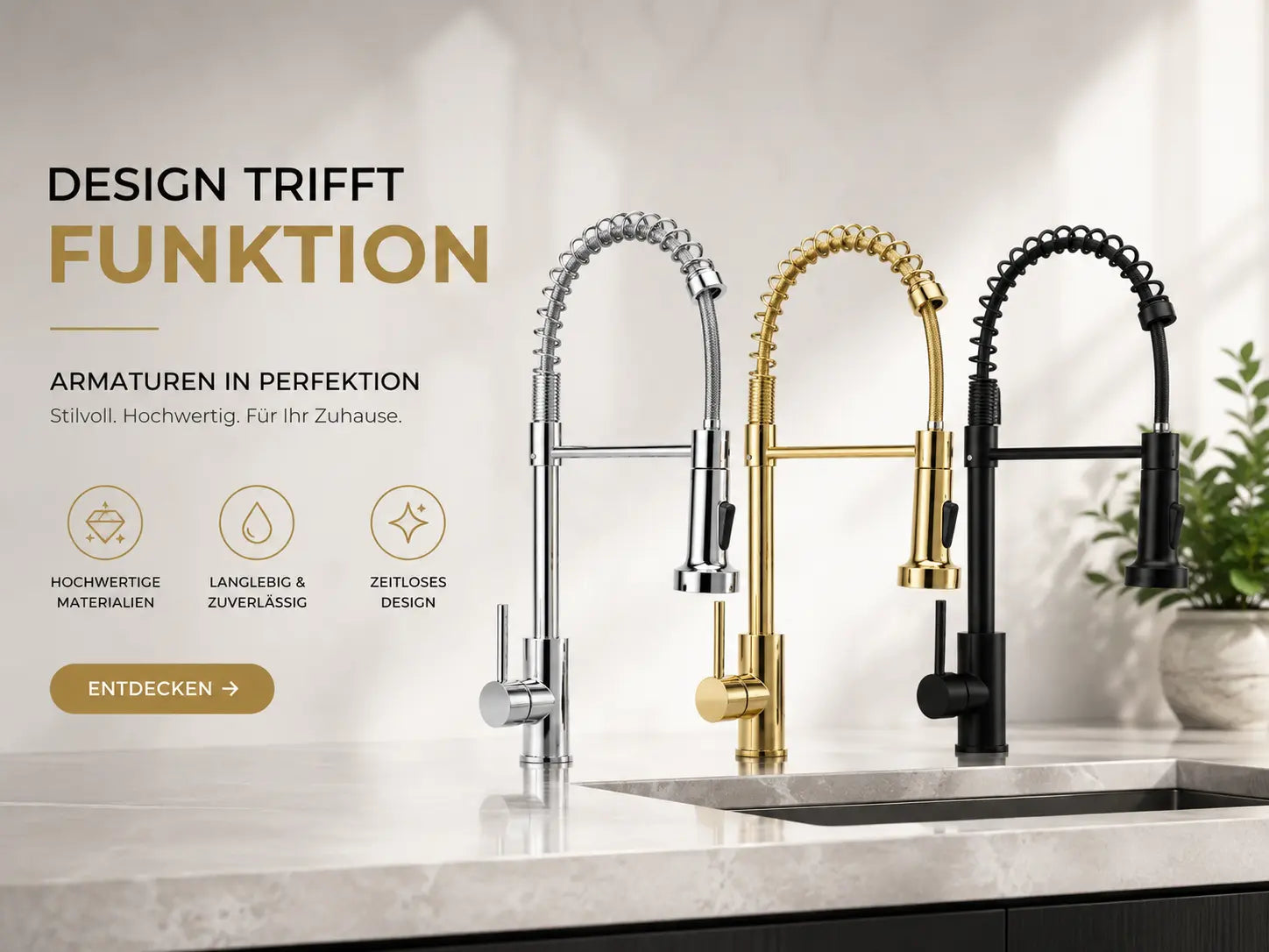 Spiral Küchenarmatur Schwarz, Gold oder Silber – Profi-Armatur mit Ausziehbrause, 360° Drehung & Messingkörper