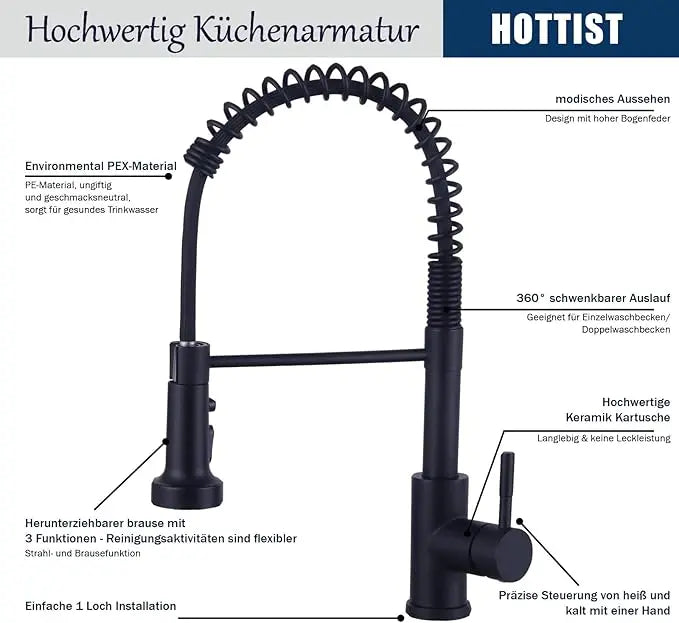 Spiral Küchenarmatur Schwarz, Gold oder Silber – Profi-Armatur mit Ausziehbrause, 360° Drehung & Messingkörper