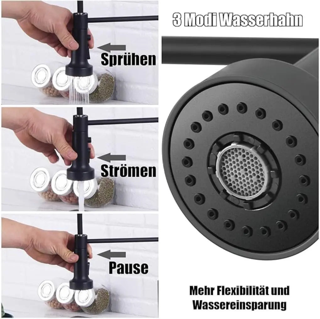 Spiral Küchenarmatur Schwarz, Gold oder Silber – Profi-Armatur mit Ausziehbrause, 360° Drehung & Messingkörper